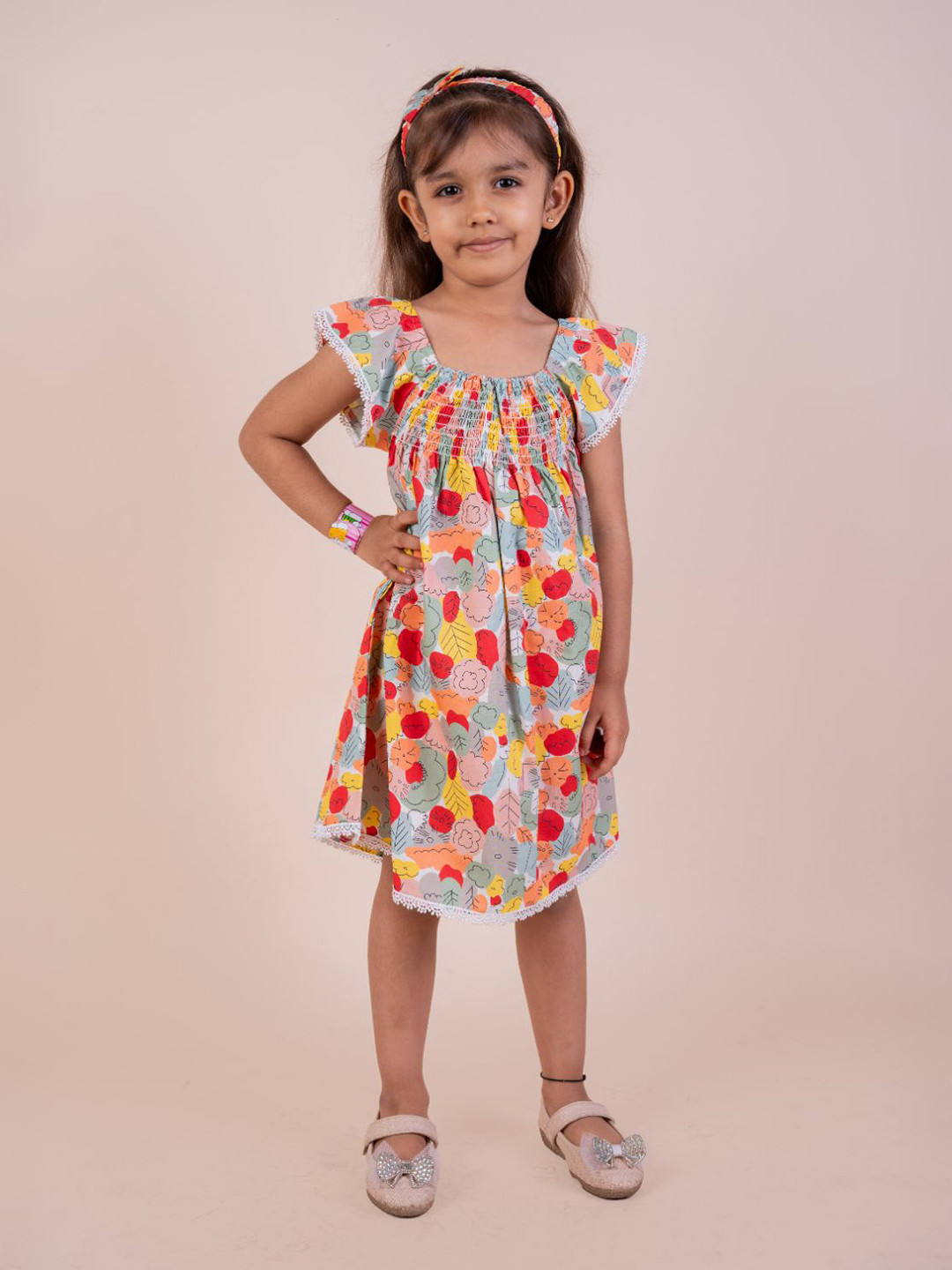 SNUGGLY MONKEY Girls Abstract Printed Smocked A-Line Dress