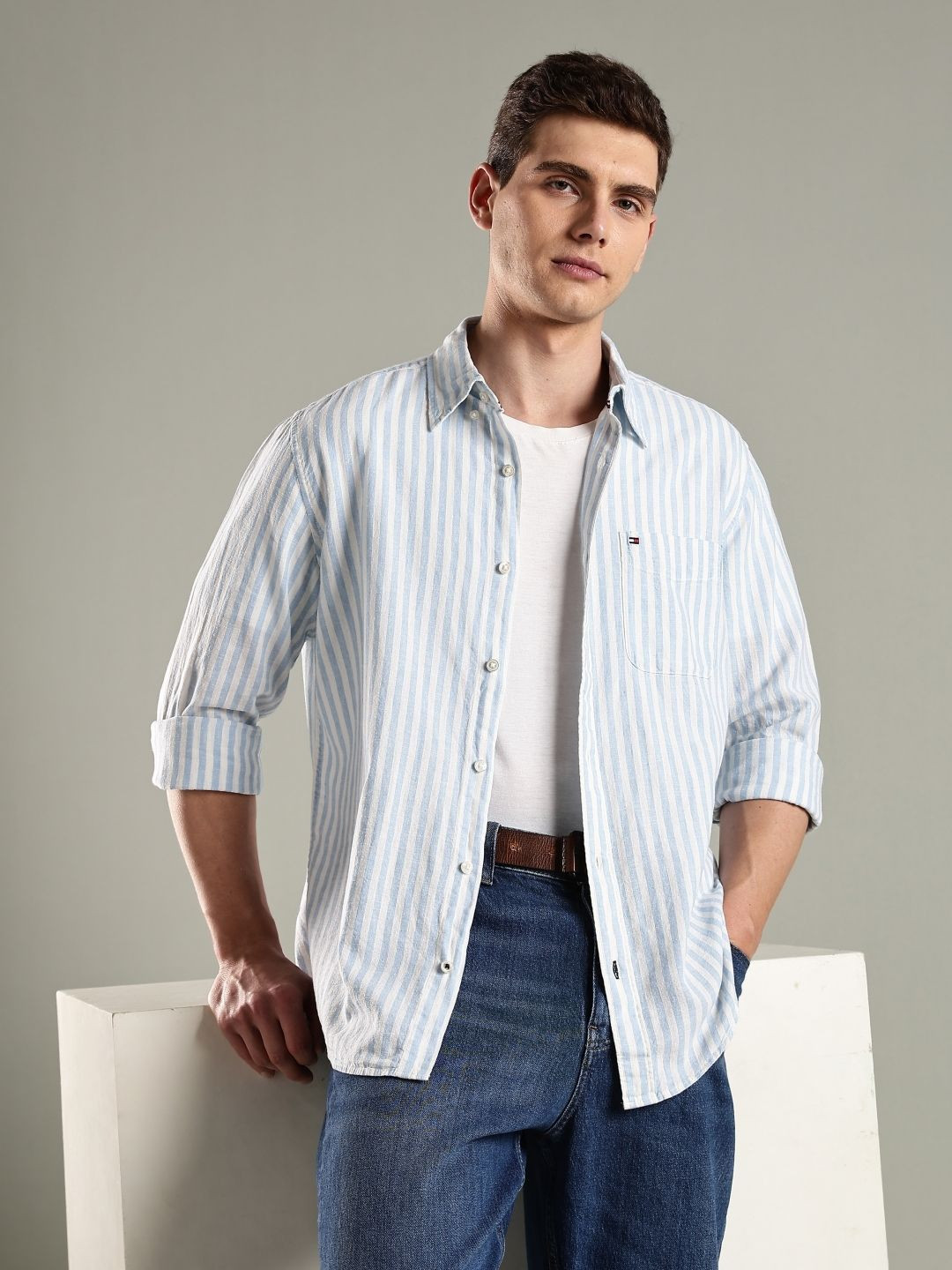 Tommy Hilfiger U.S Striped Button-Down Collar Linen Cotton Casual Shirt