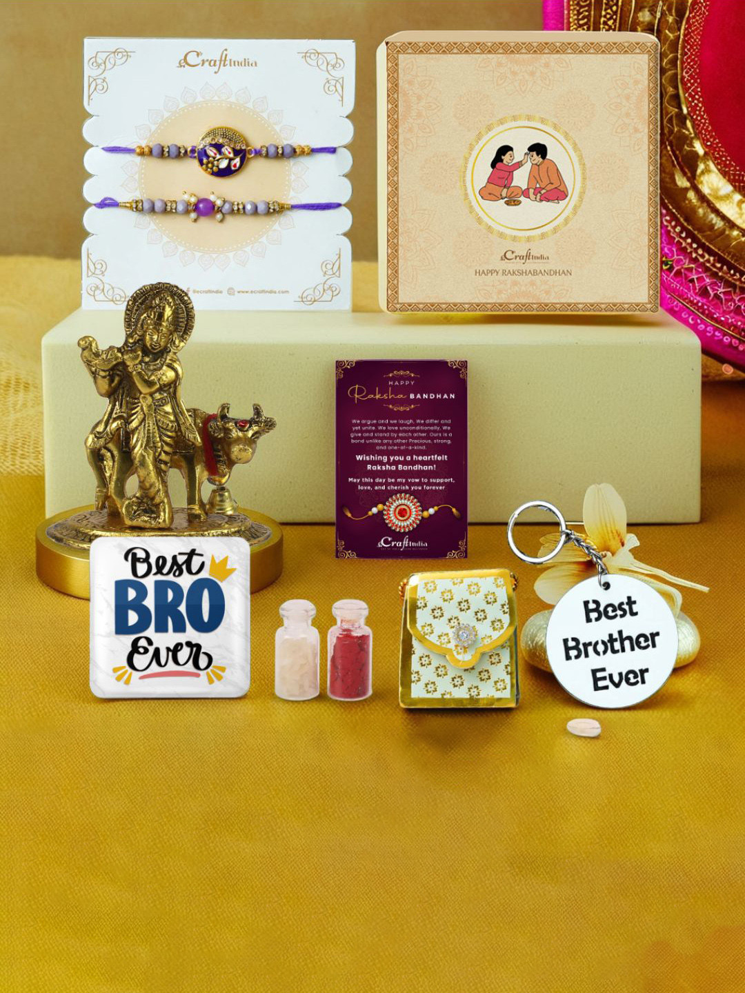eCraftIndia 2Pc Rakhis Idol Keychain Card Magnet & Roli Chawal