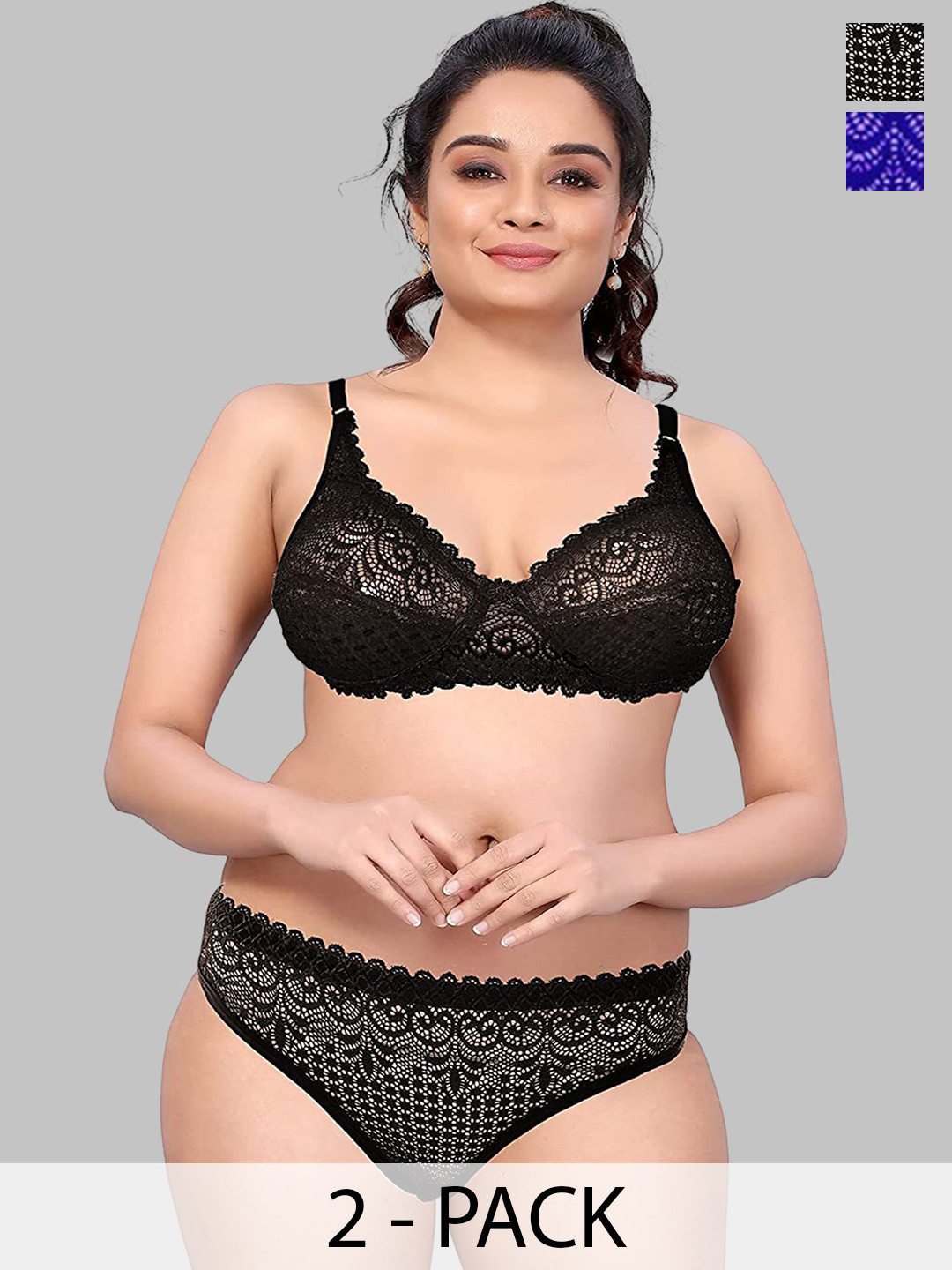 DHANDAI FASHION Pack Of 2 Non Padded Lingerie Set Decent Set-Blue Black (M-3-2P)