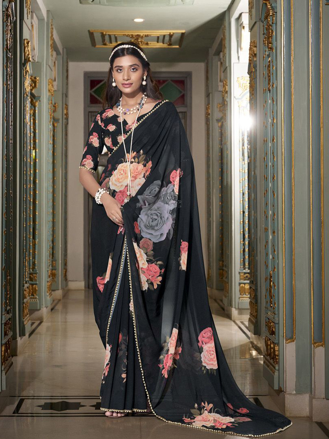 MADHAVPRIYA Floral Printed Pure Georgette Tussar Saree