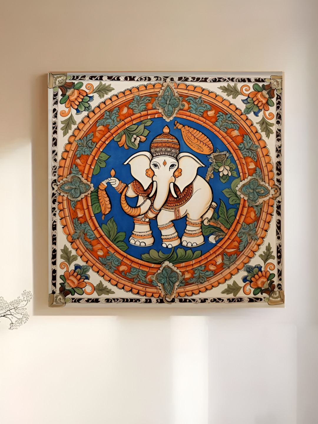Myntra Elegant Homes Beige & Orange Madhubani Art Lord Ganesha Canvas Religious Wall Art