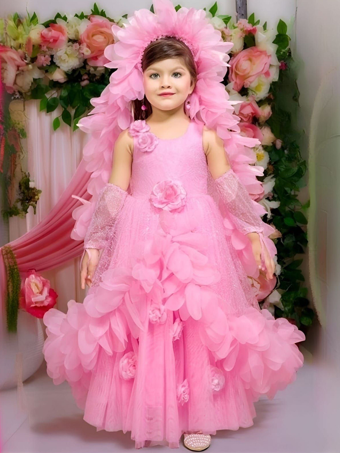 BAESD PARI Girls Floral Self Design Applique Satin Gown Dress