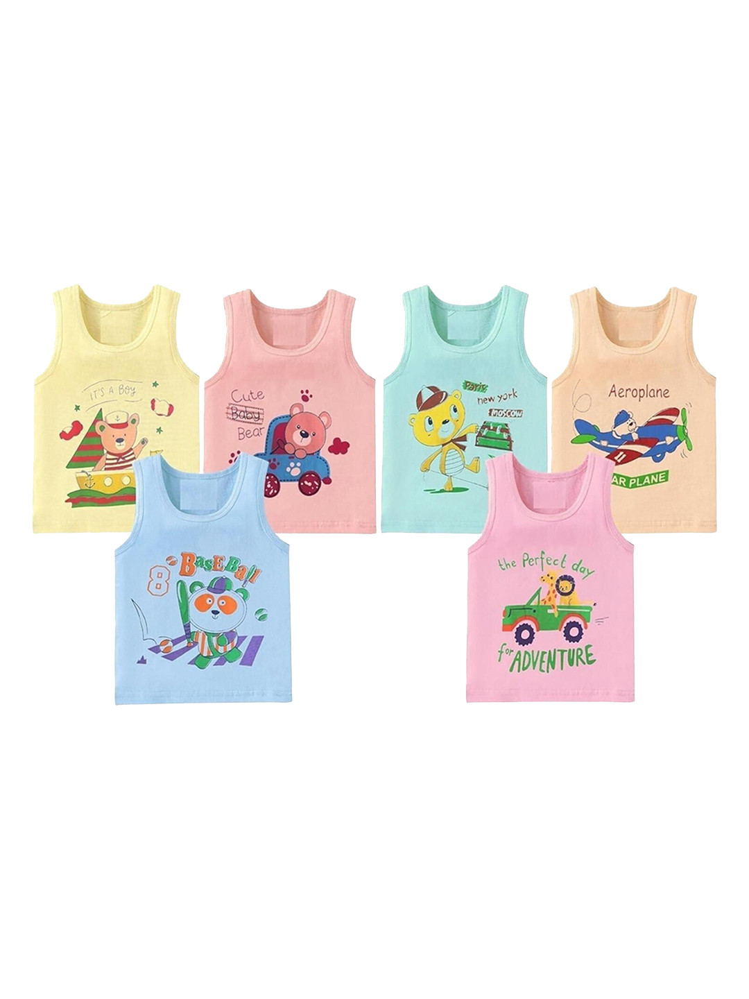 NEW TRINATH HOSIERY Boys Pack Of 6 Printed Cotton Basic Vests KV-05