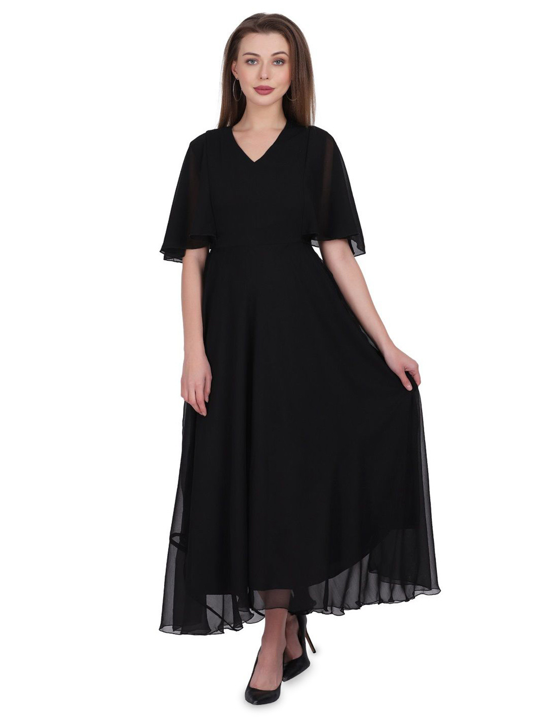 Warsian Women V- Neck Georgette Flared Sleeves Fit & Flare Maxi Dress