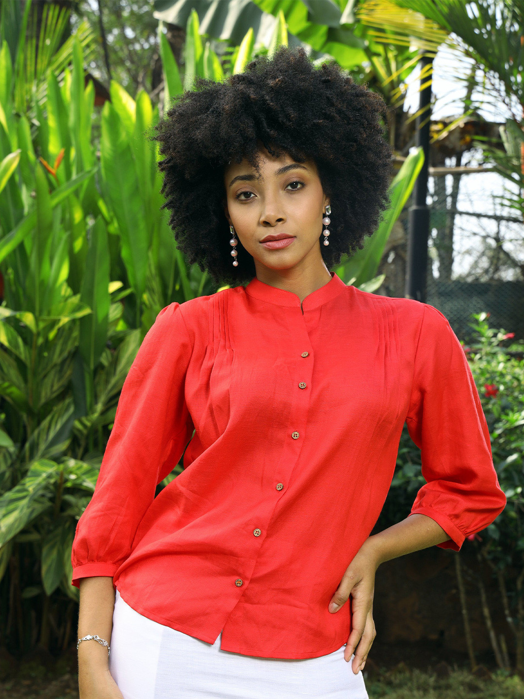 ROAR FOR GOOD Cherry Hemp Pleated Top with Stand Collar & Coconut Button