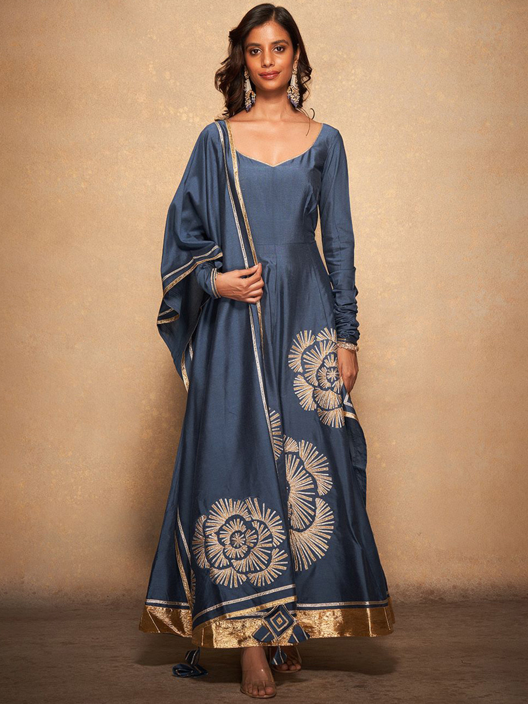 Gulabo by Abu Sandeep Floral Embroidered Flared Maxi Dress With Dupatta