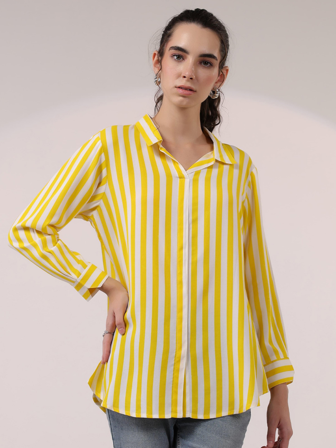 AUTUMN LANE Kara Women Yellow Stripes Cotton Shirt Style Top