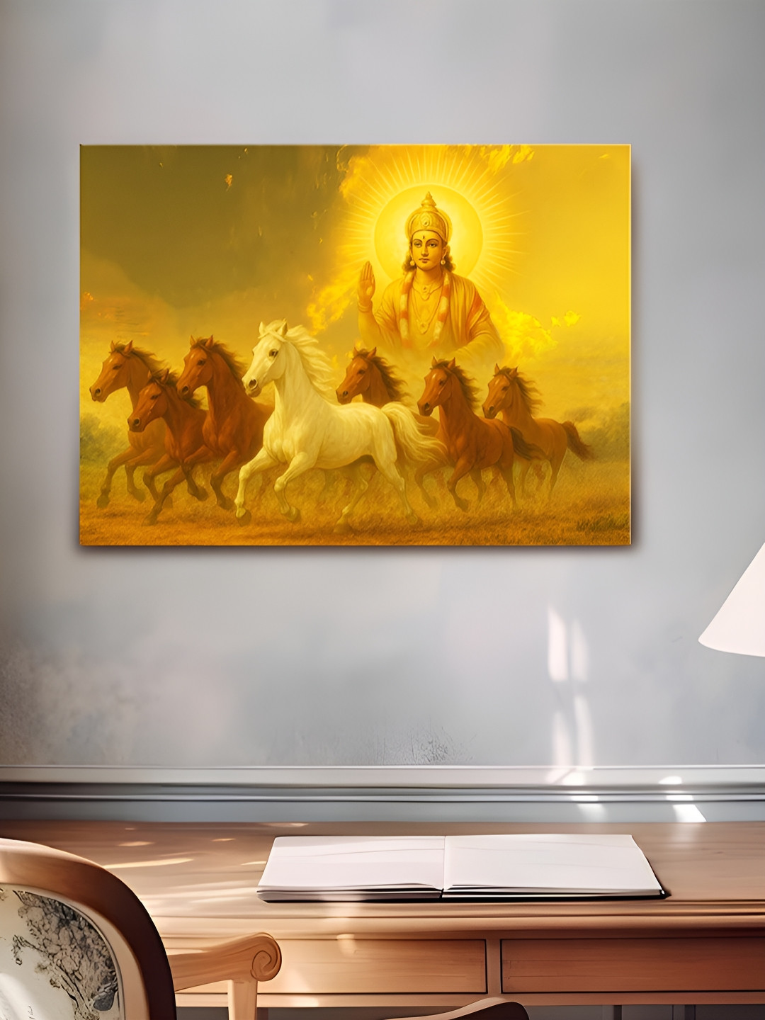 Myntra Elegant Homes Yellow Shurya Dev Seven Running Horses Canvas Religious Wall Art