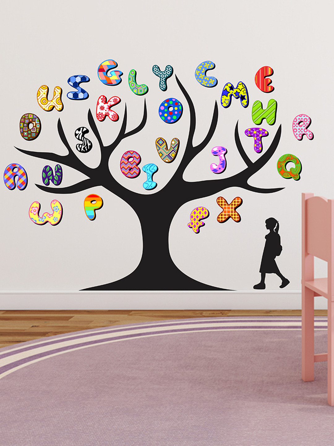 LANSTICK Black & Blue Printed Tree With Alphabet Wall Sticker