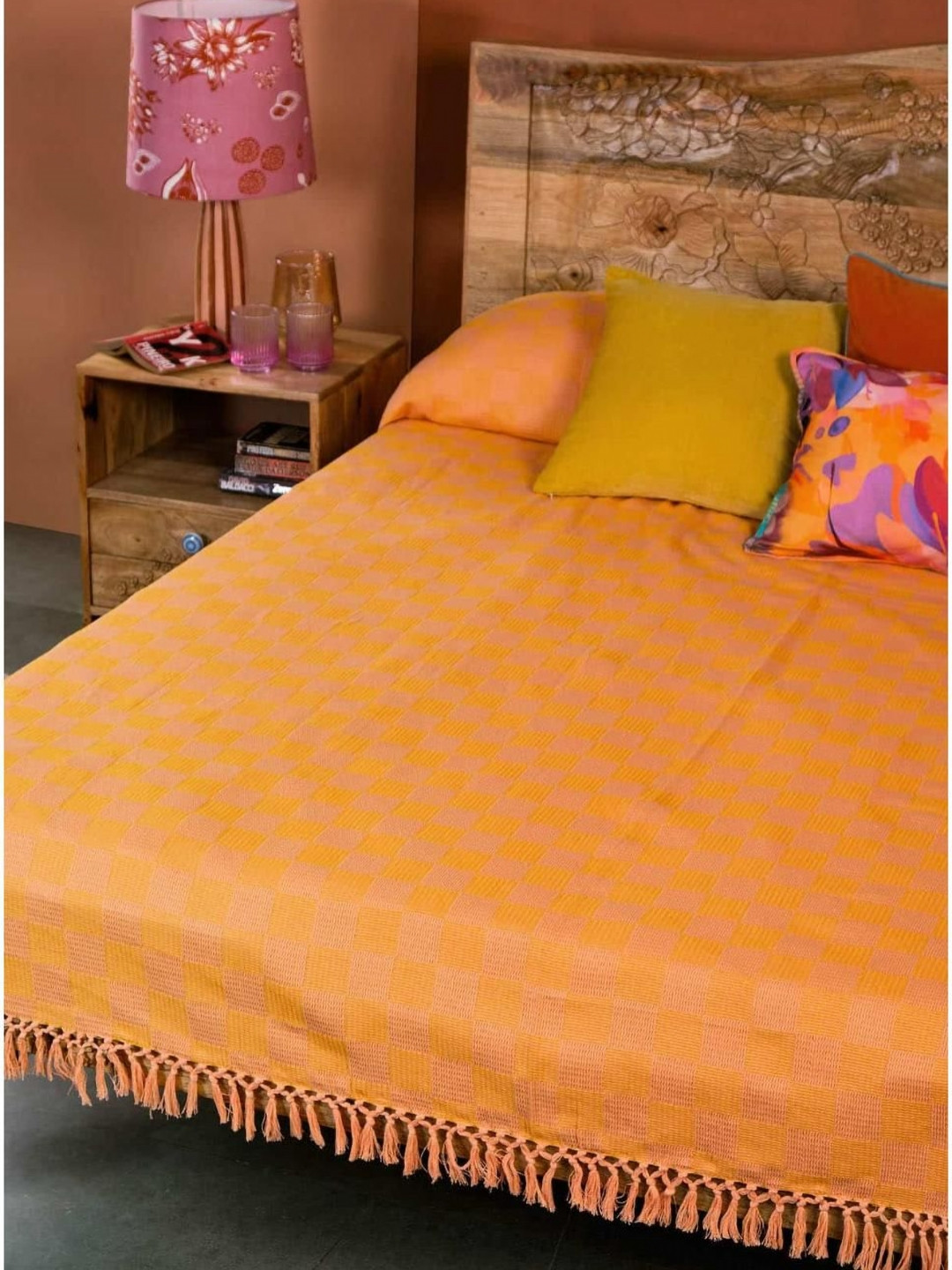 FREEDOM TREE Waffle Peach-Coloured & Orange-Coloured Self-Designed DoubleBedcover
