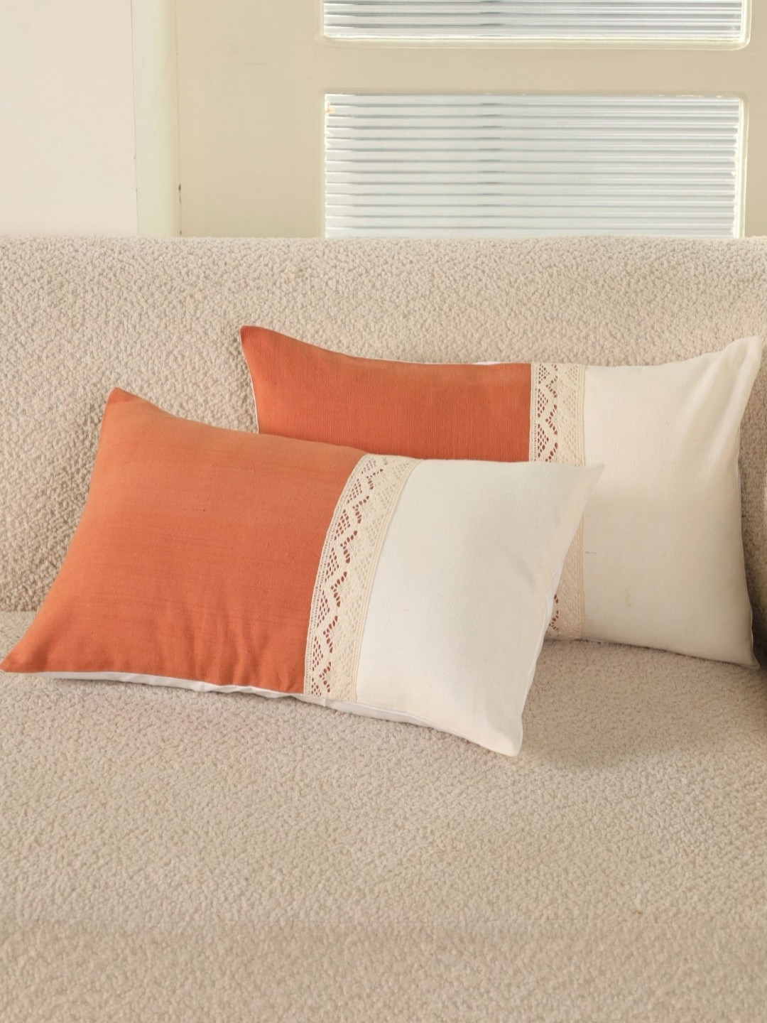 Peepul Tree Rust & 2 Pcs Colourblocked Crochet Rectangle Cotton Cushion Covers