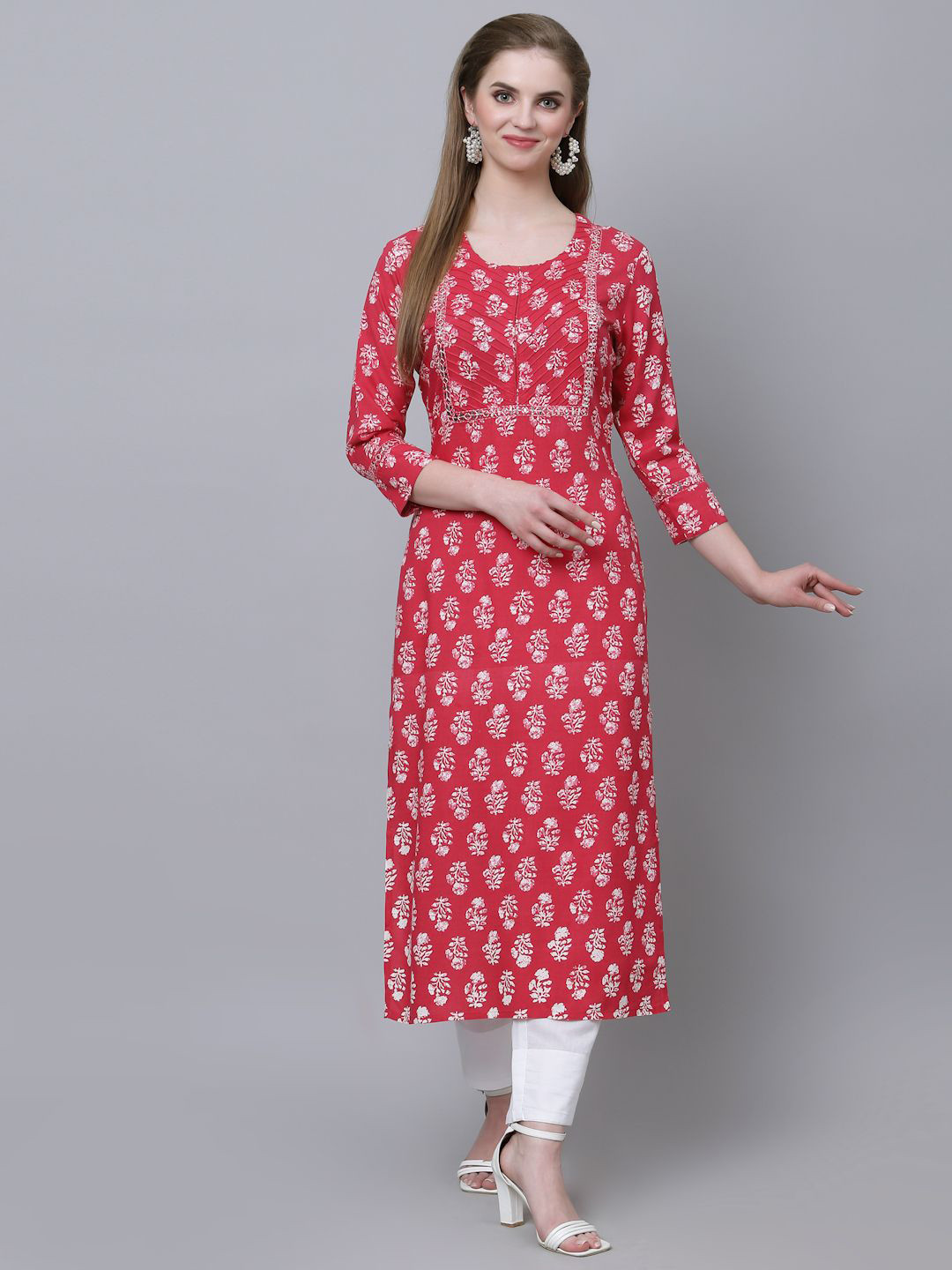 HISHAM Floral Printed Round Neck Pure Cotton Straight Kurta