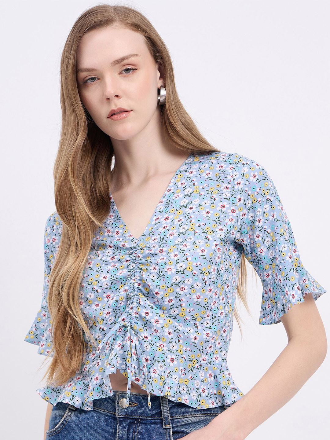 DressBerry Women Floral Print Ruffle Bell Sleeve Ruched Crop Peplum Top