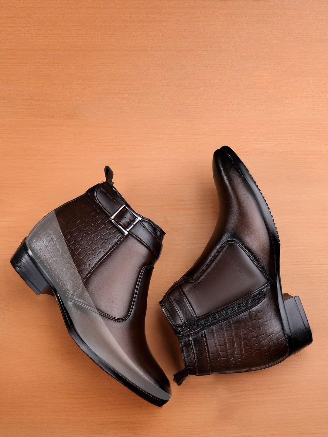 Bxxy Men 9 Cm Hidden Height Increasing Block-Heeled Buckle And Zip Formal Boot