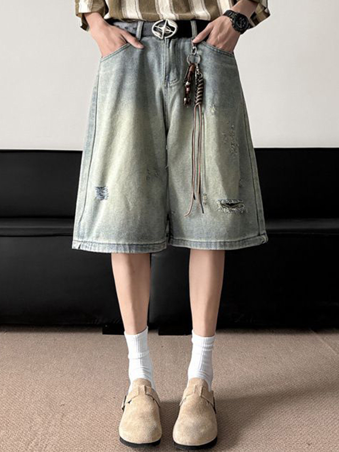 StyleCast x Revolte Men Loose Fit Distressed Denim Shorts