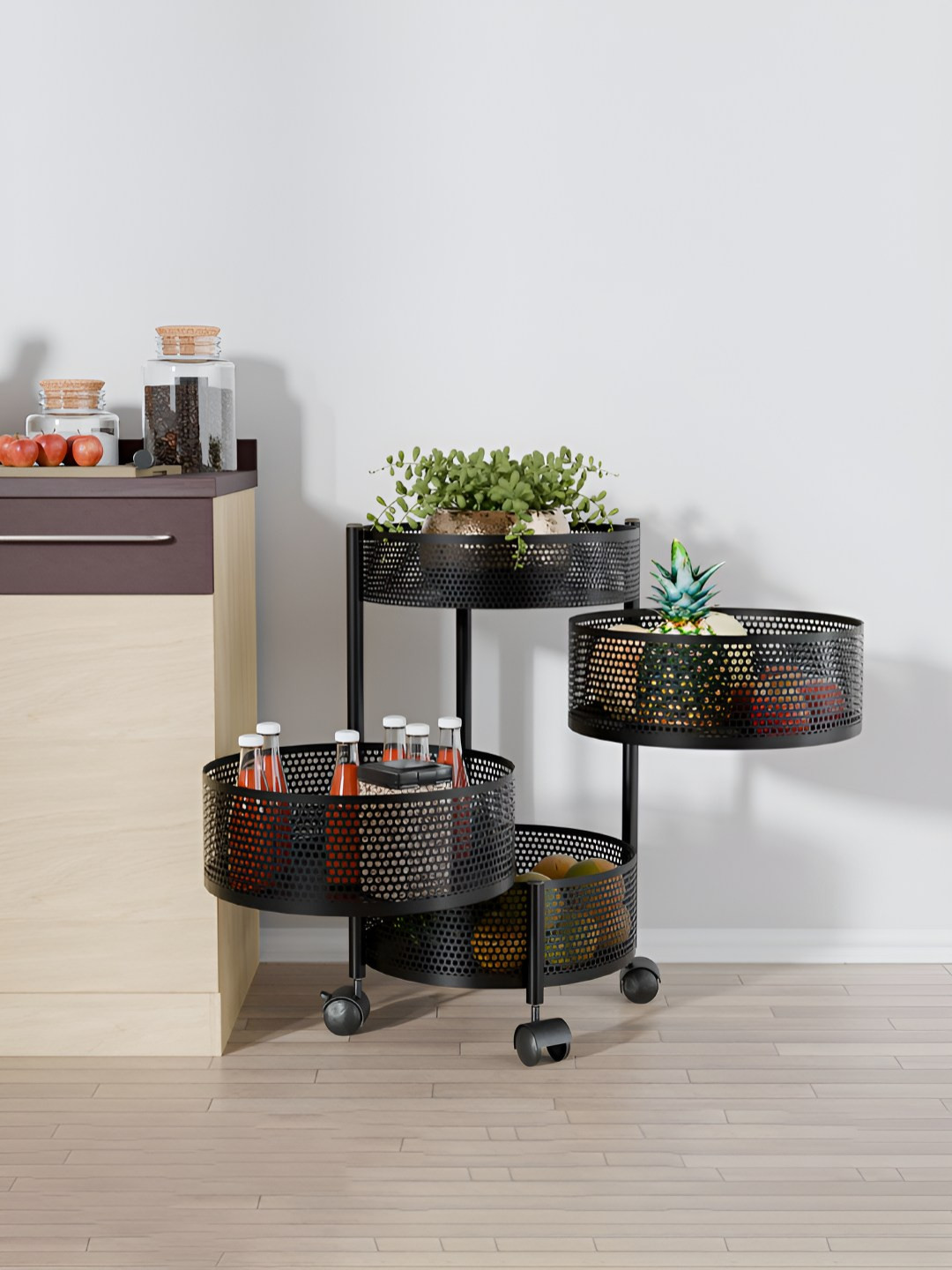 RUBOXA Black 3+1 Layer Anti-Rust Round Shape Multi-Purpose Kitchen Organizer