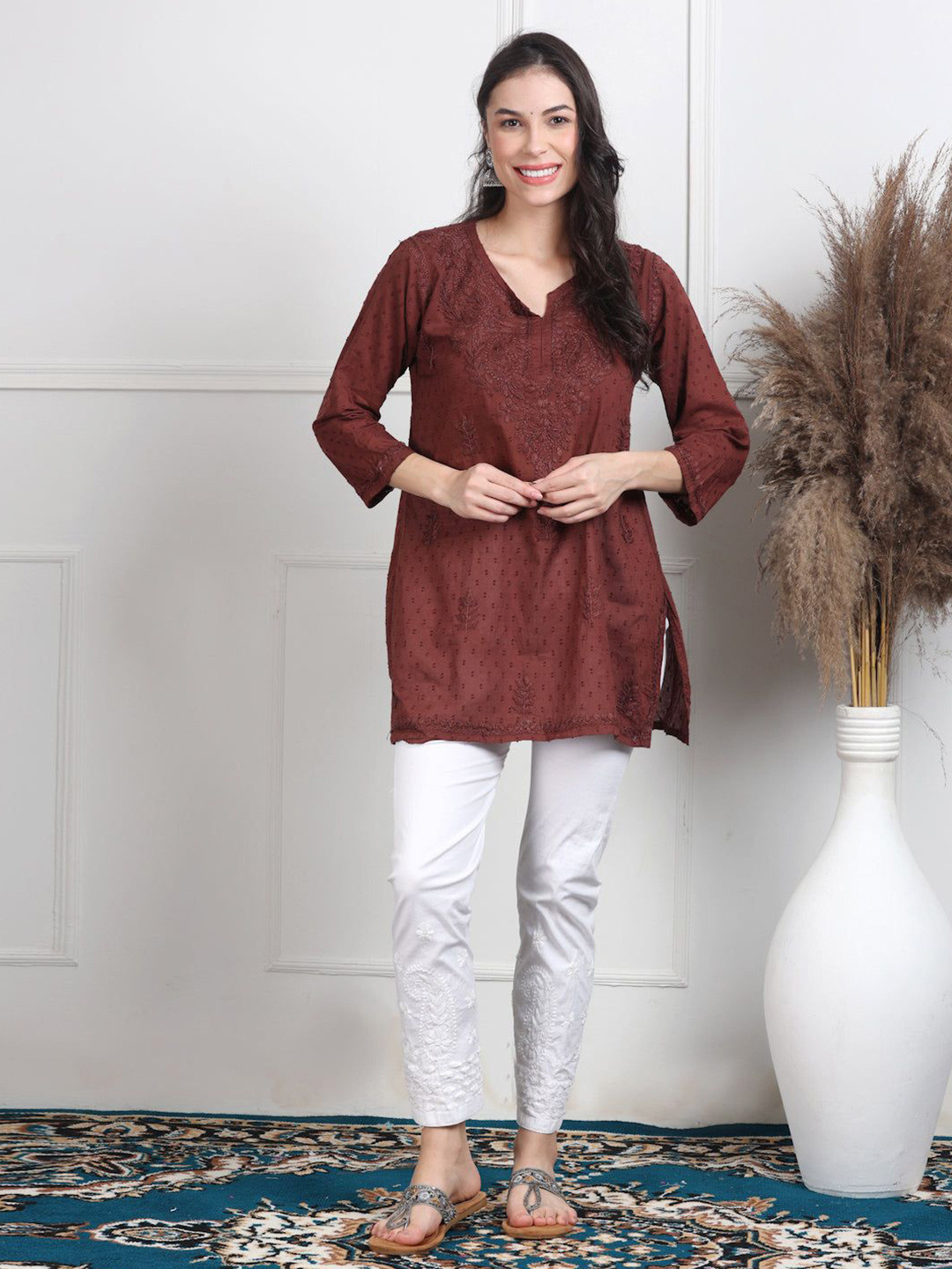 MALABIS Women Ethnic Motifs Embroidered Pure Cotton Chikankari Kurti
