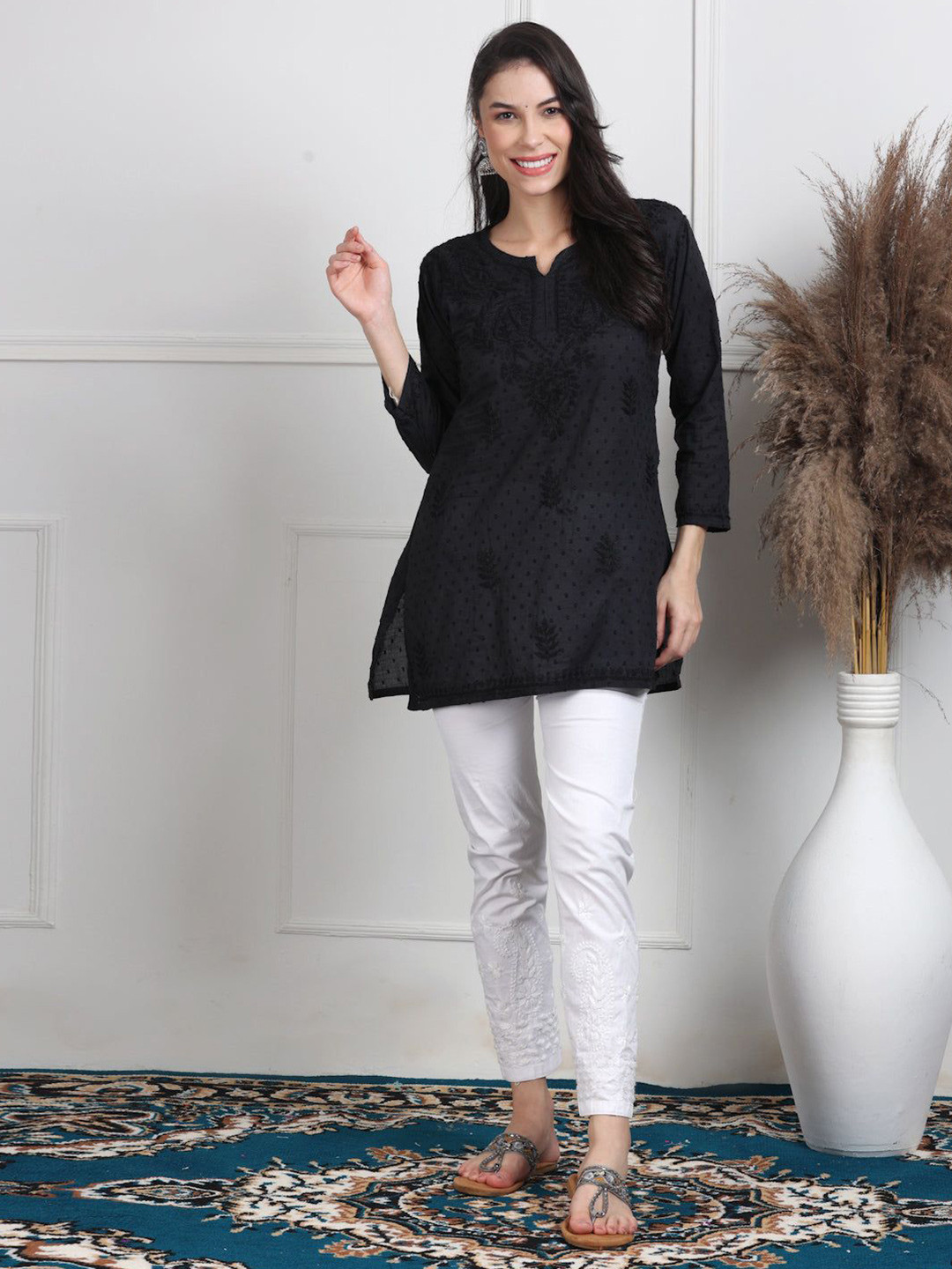MALABIS Ethnic Motifs Embroidered Chikankari Pure Cotton Kurti