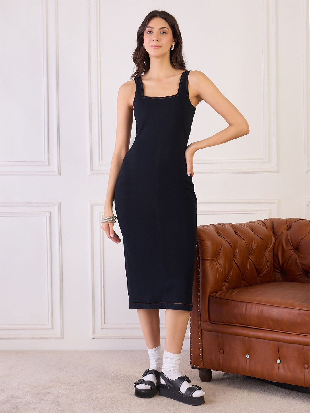 Orchid Blues Women Denim Square Neck Bodycon Midi Dress