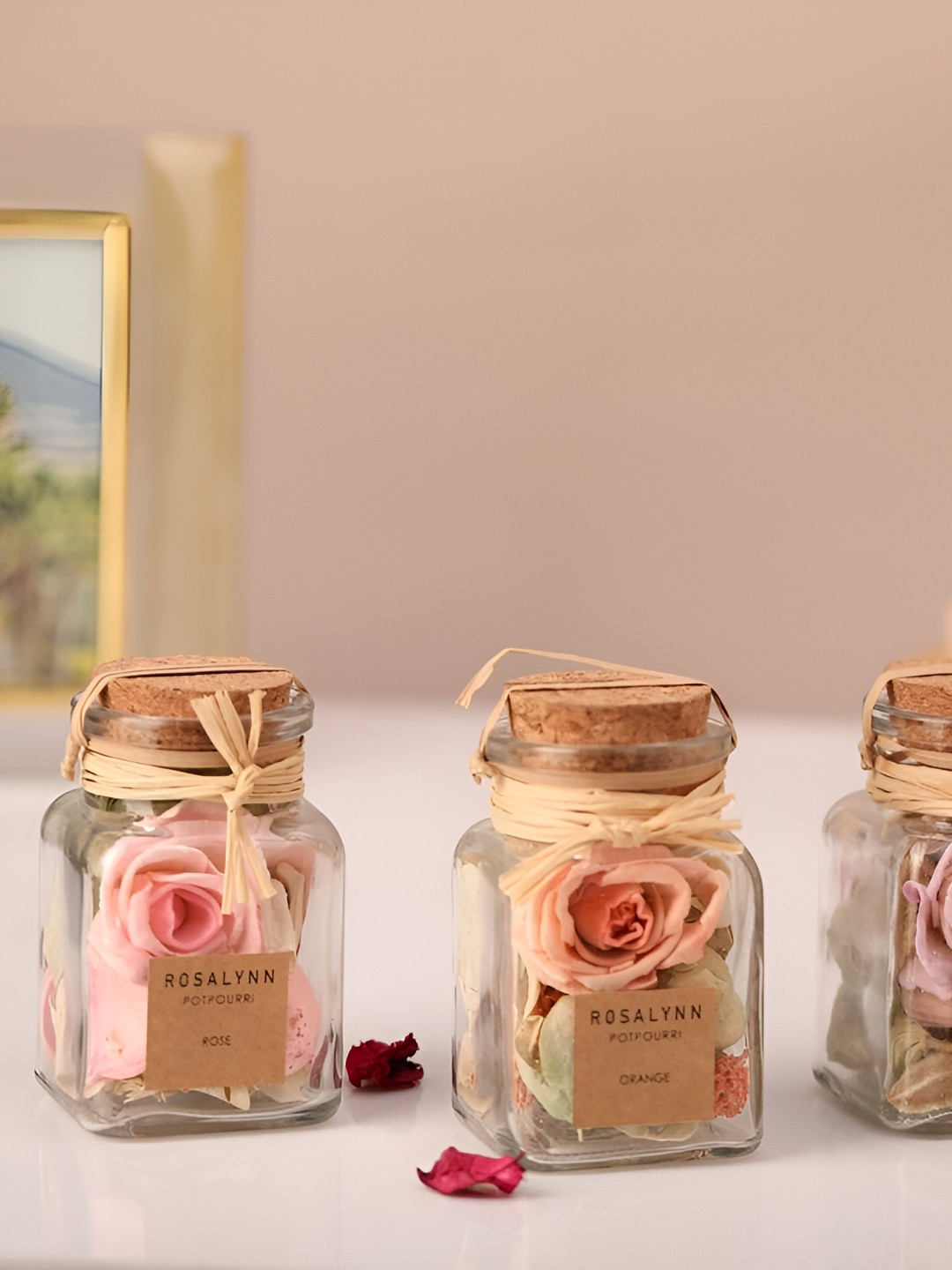 Decor de Maison Transparent & Pink 3 Pieces Lea Dried Floral Pastel Potpourri Showpieces