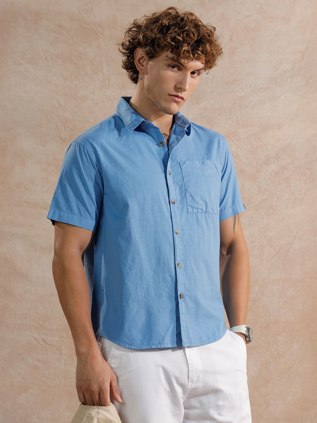 WROGN Men Comfort Relaxed Fit Solid Spread Collar Cotton Casual Shirt