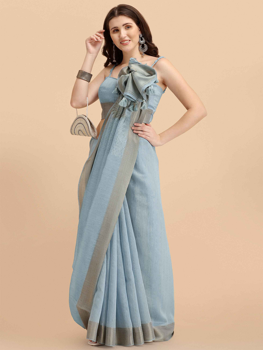 BEYOND ETHNIC Woven Design Floral Print Beads and Stones Zari Saree