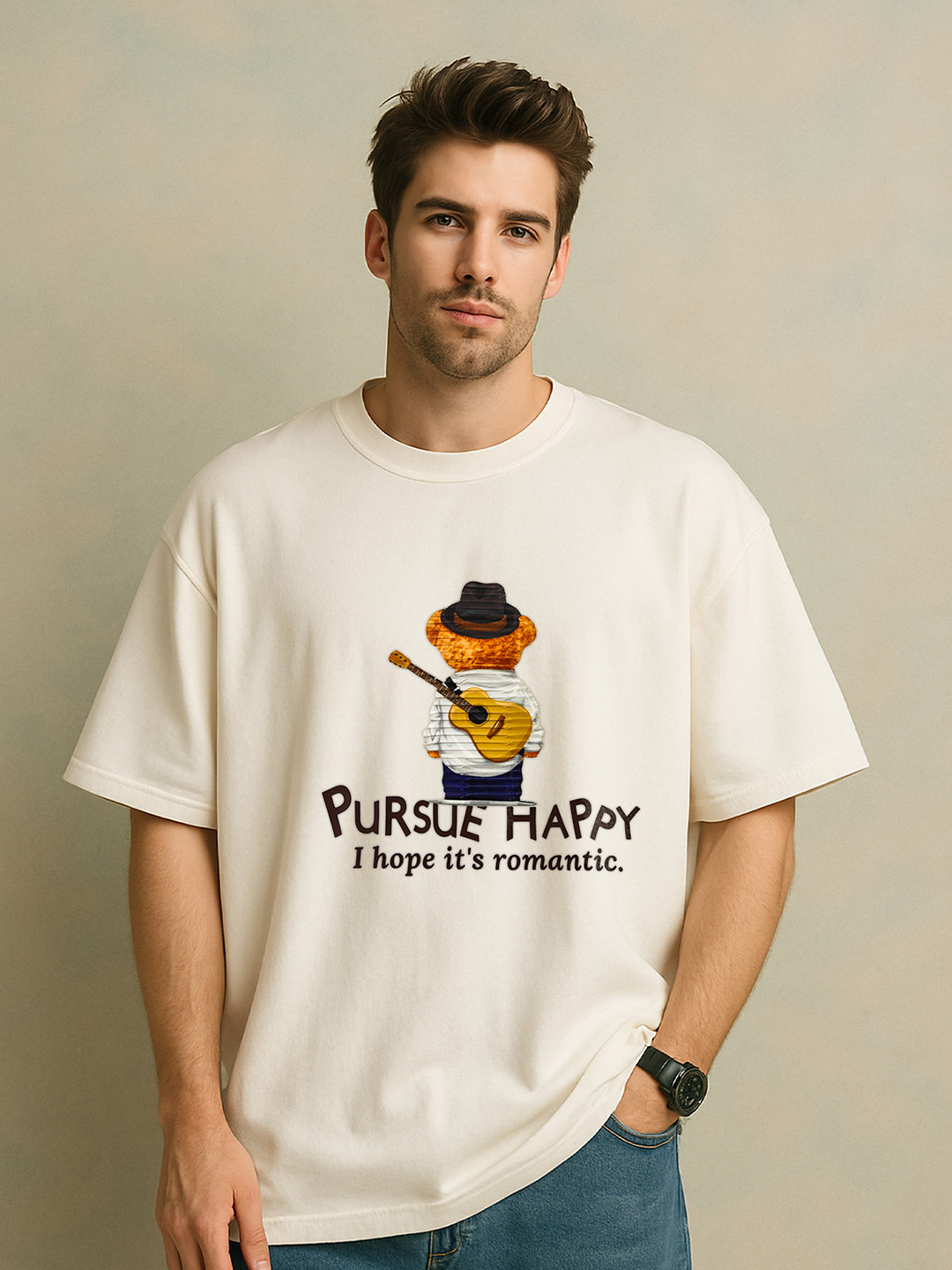 GRACE & JACK Typography Round Neck Drop Shoulder Printed Pure Cotton T-shirt