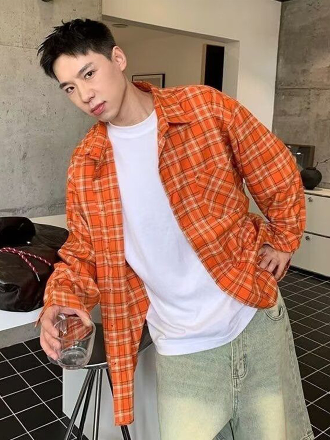 Orange Tartan Checks Relaxed Fit Casual Shirt