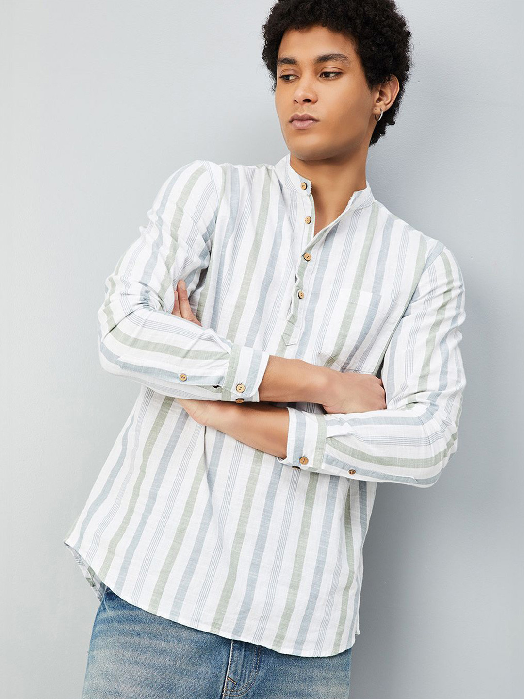 max Striped Band Collar Pure Cotton Straight Short Kurta