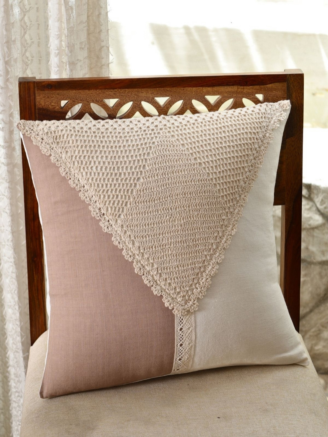 Peepul Tree Taupe & Off White Colourblocked Crochet Square Cotton Cushion Cover