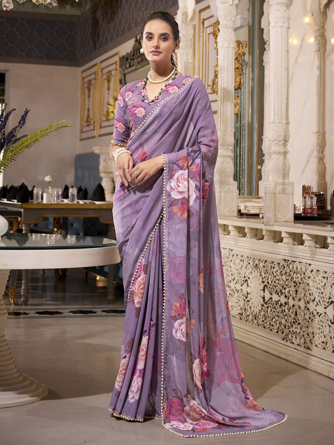 MADHAVPRIYA Floral Print Pure Georgette Tussar Saree with Pearls Lace Border