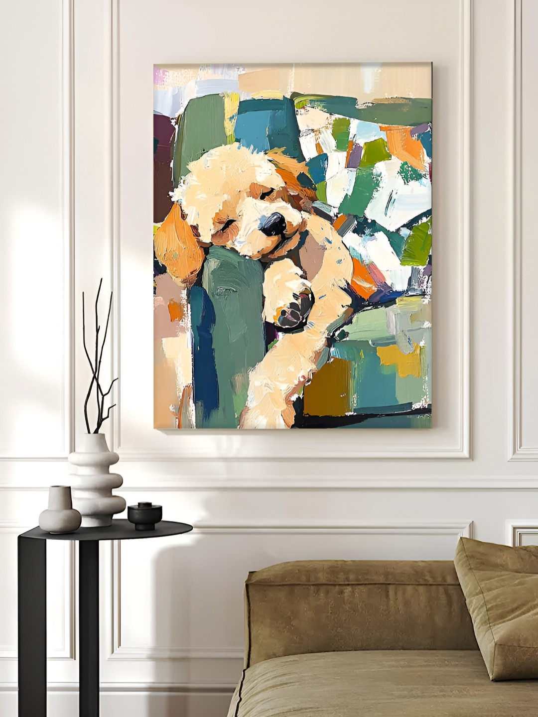 Myntra Elegant Homes Green & Yellow Sleeping Cute Puppy Canvas Wall Art