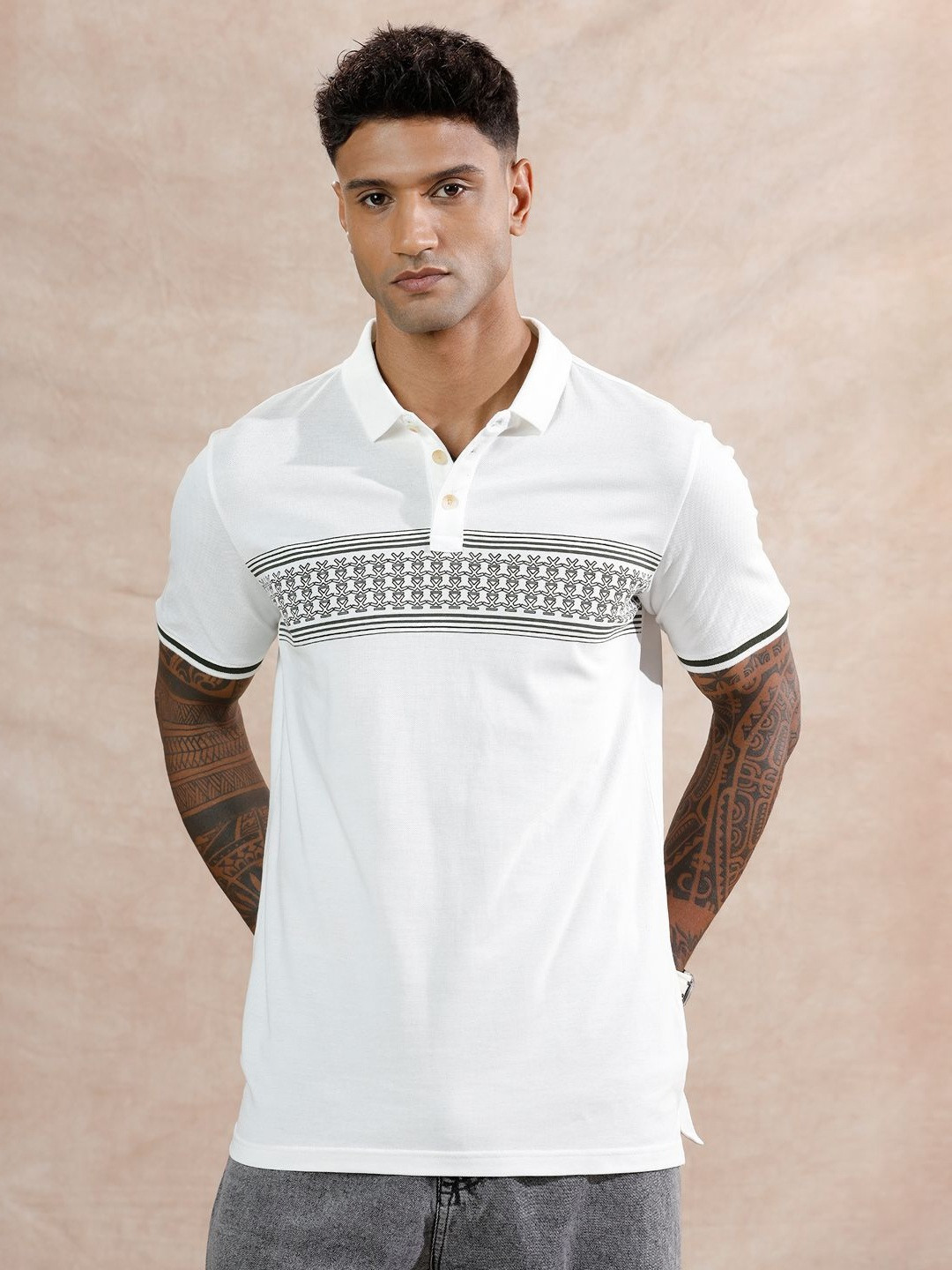 WROGN Geometric Printed Polo Collar Slim Fit Cotton T-shirt