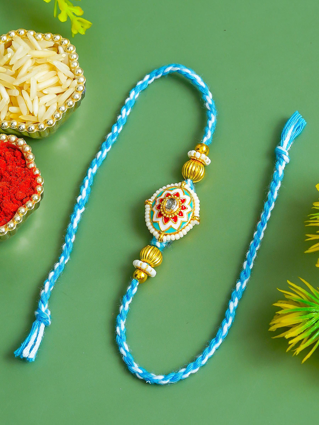 ahoora Kundan Studded & Pearls Beaded Thread Rakhi Chawal & Kumkum
