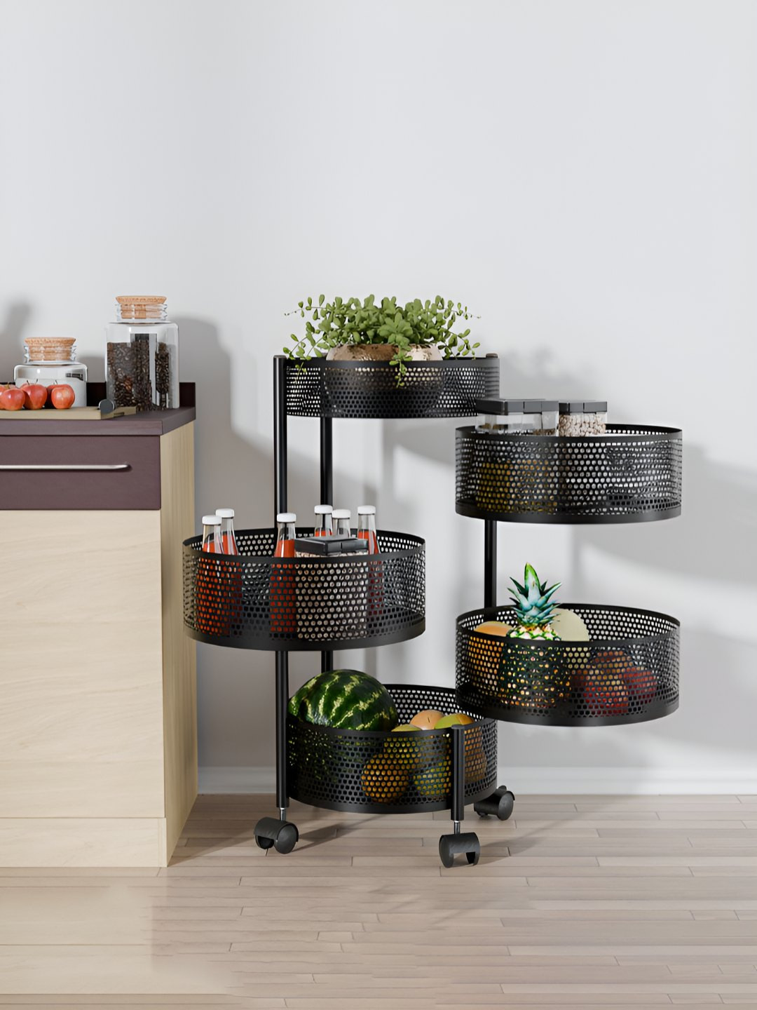 RUBOXA Black 4+1 Layer Anti-Rust Round Shape Multi-Purpose Kitchen Organizer