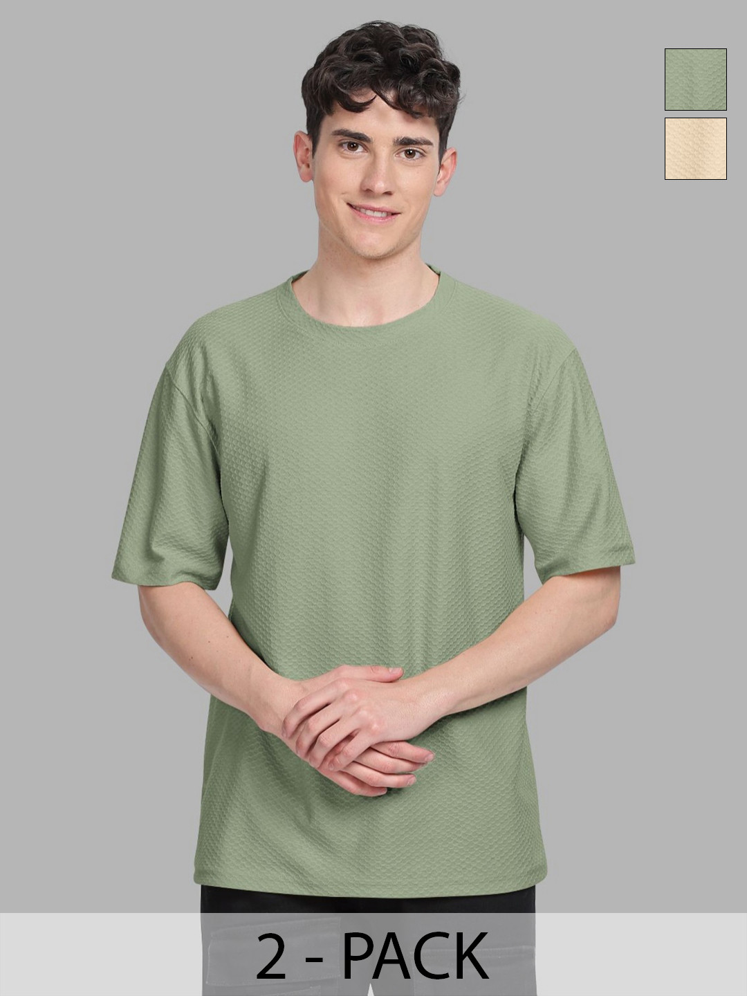 BULLMER Men Pack of 2 Self Design Round Neck Oversized T-shirts