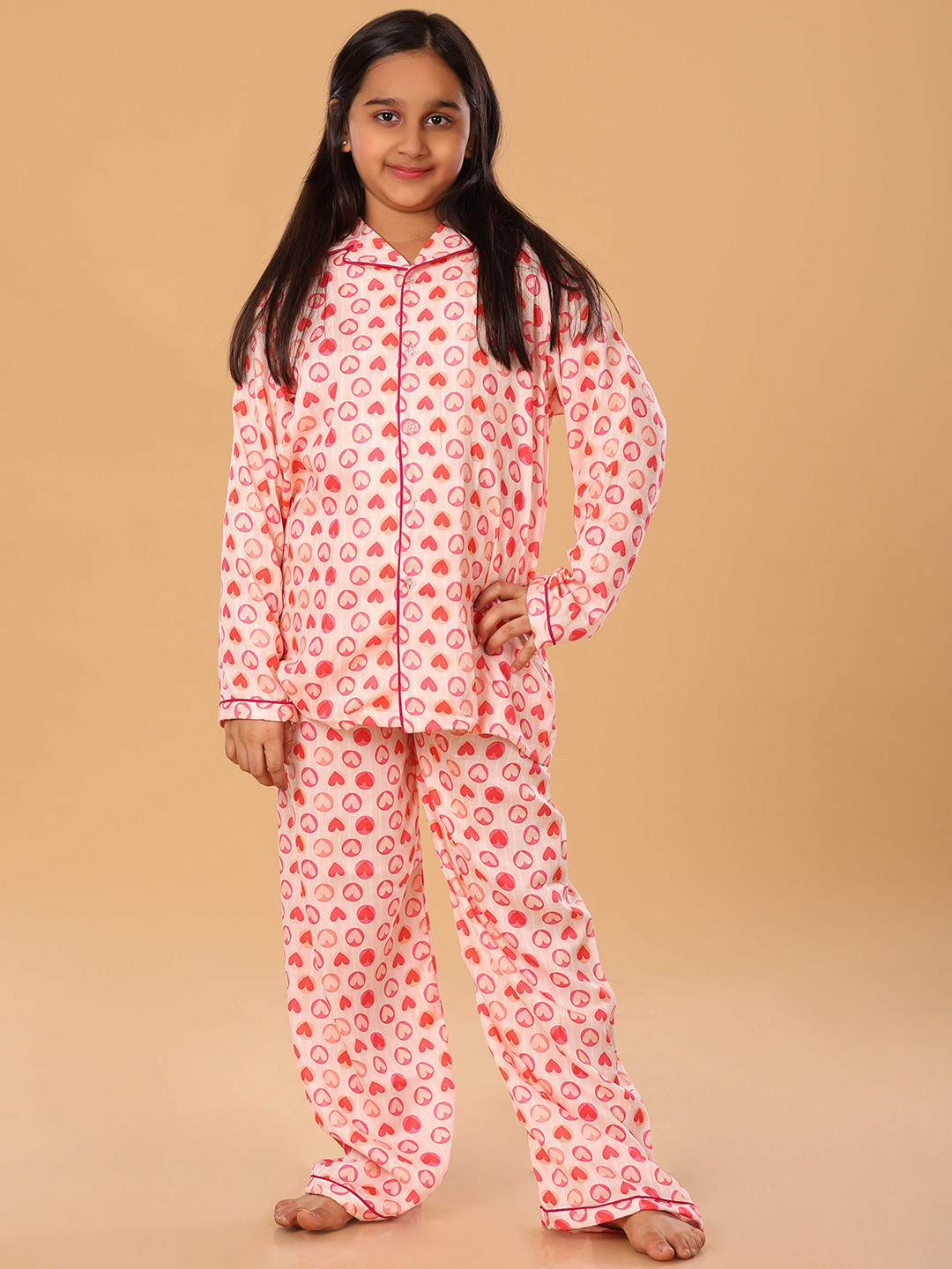 The Mini Trunk Pink Heartshaped Printed Night Suit