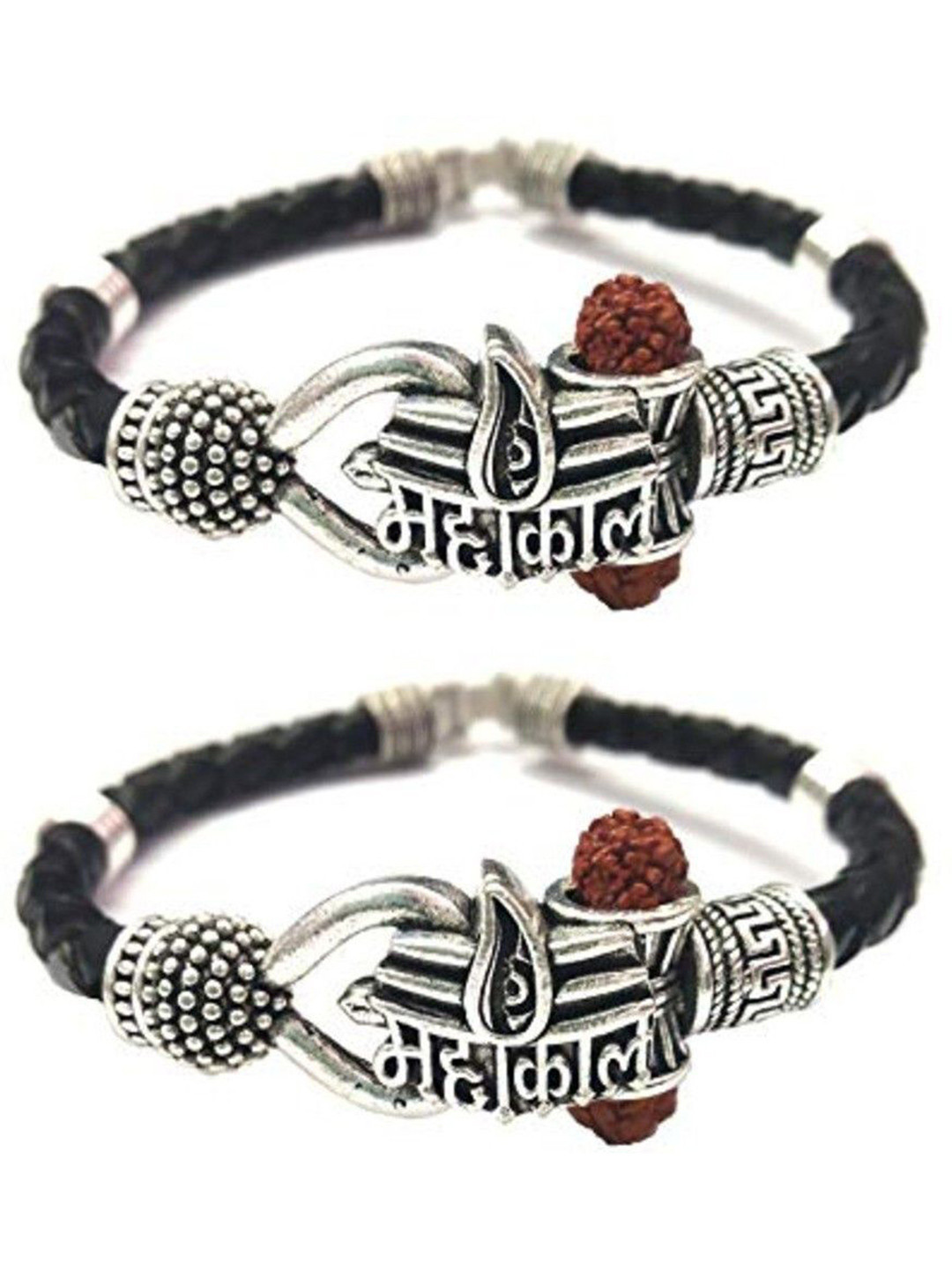 Divine souvenirs Unisex Set Of 2 Leather Silver-Plated Charm Bracelets