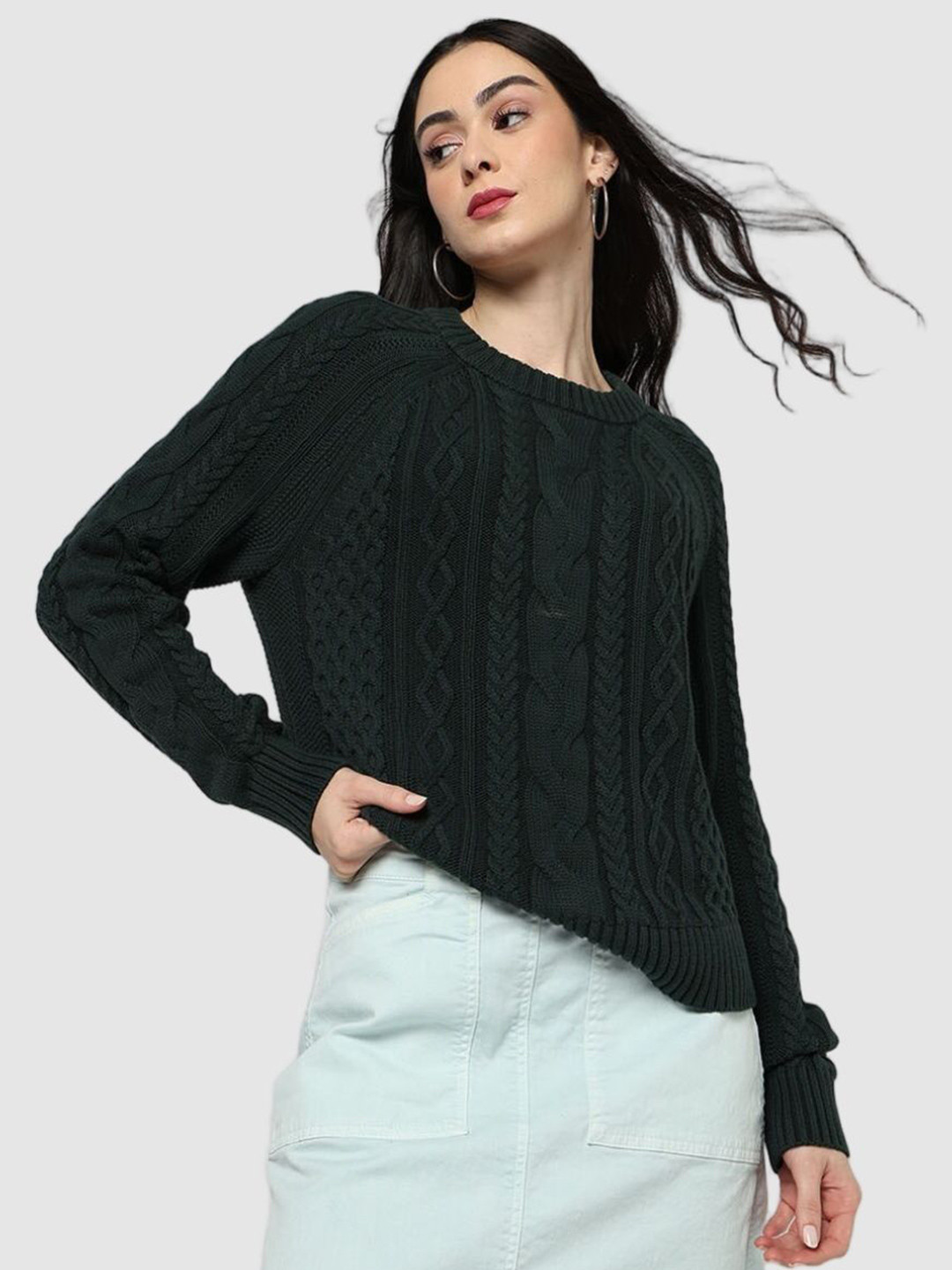 GAP Women Self-Design Cable-Knit Crew-Neck Pure Cotton Sweaters