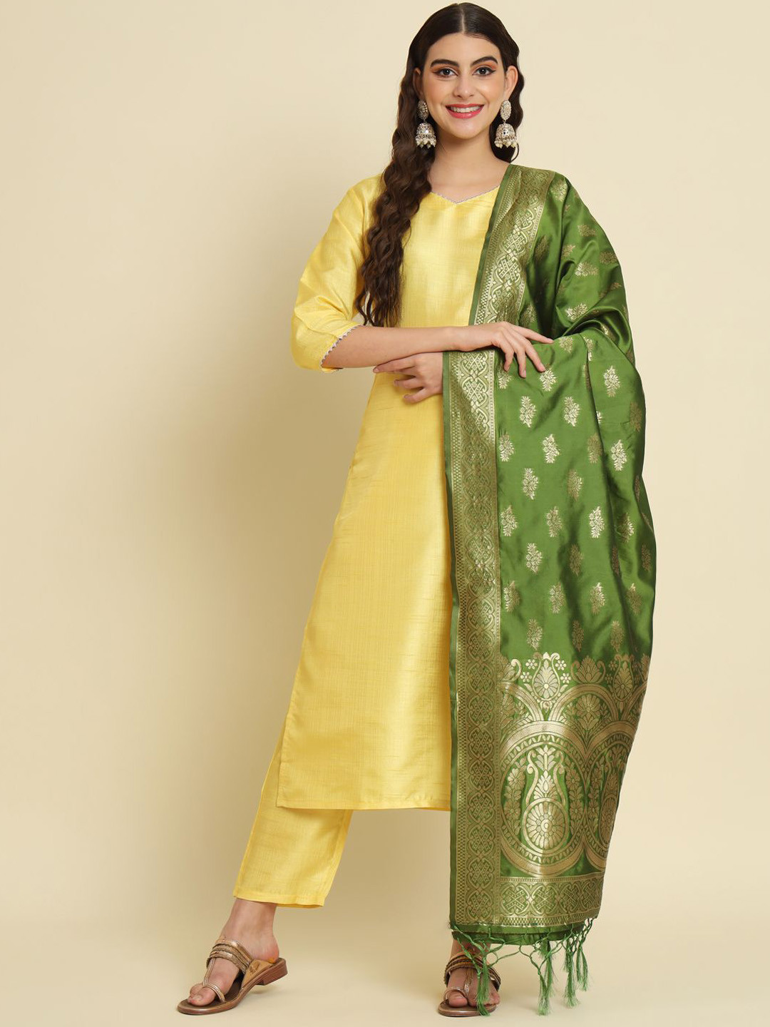 VredeVogel V-Neck Cotton Silk Straight Kurta With Trousers & Dupatta