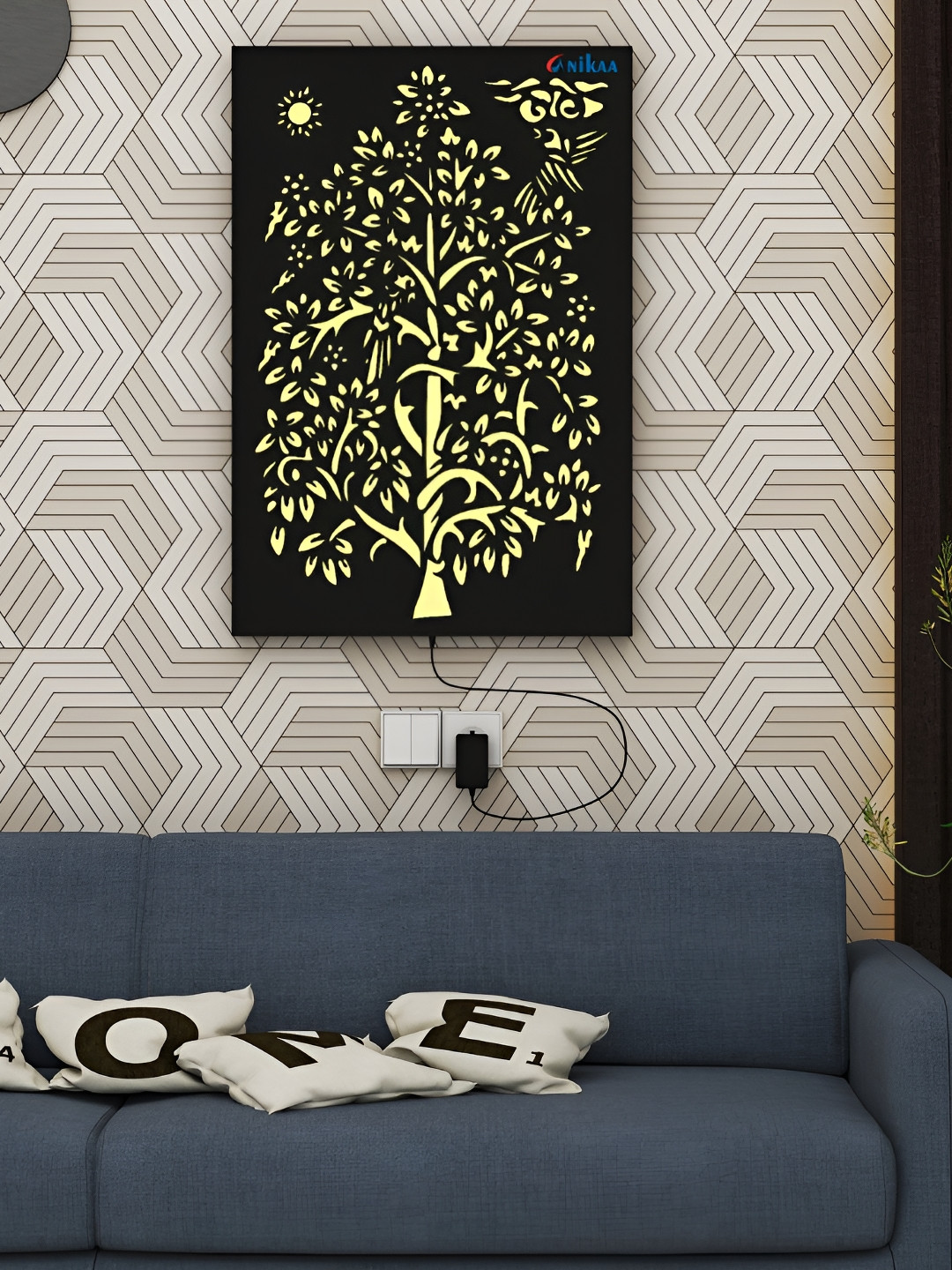 ANIKAA LushGlow Black Tree Of Life Wooden Panel Backlit Wall Art With Power Adapter