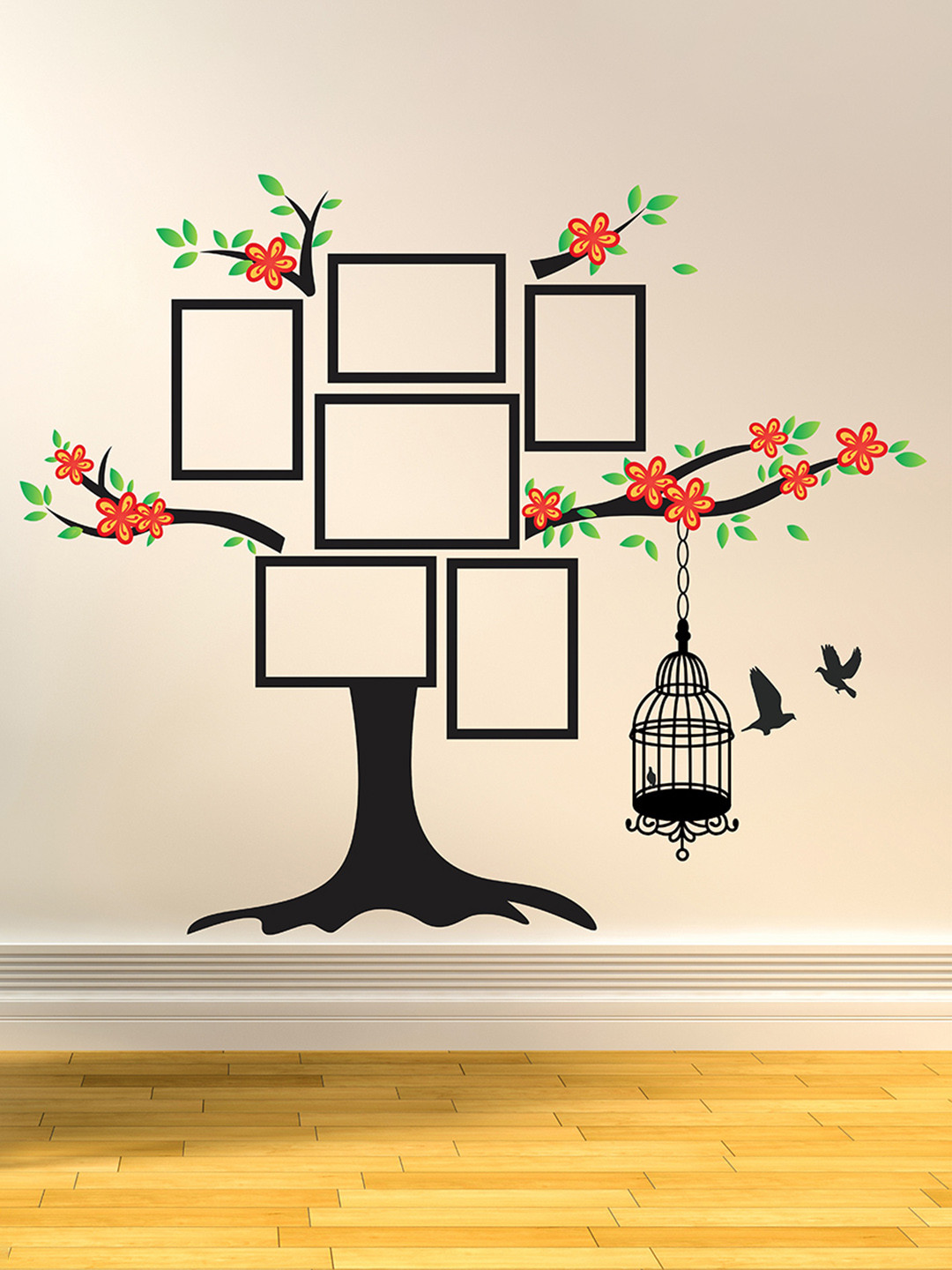 LANSTICK Black & Red Printed Tree With Frame & Cage Wall Sticker