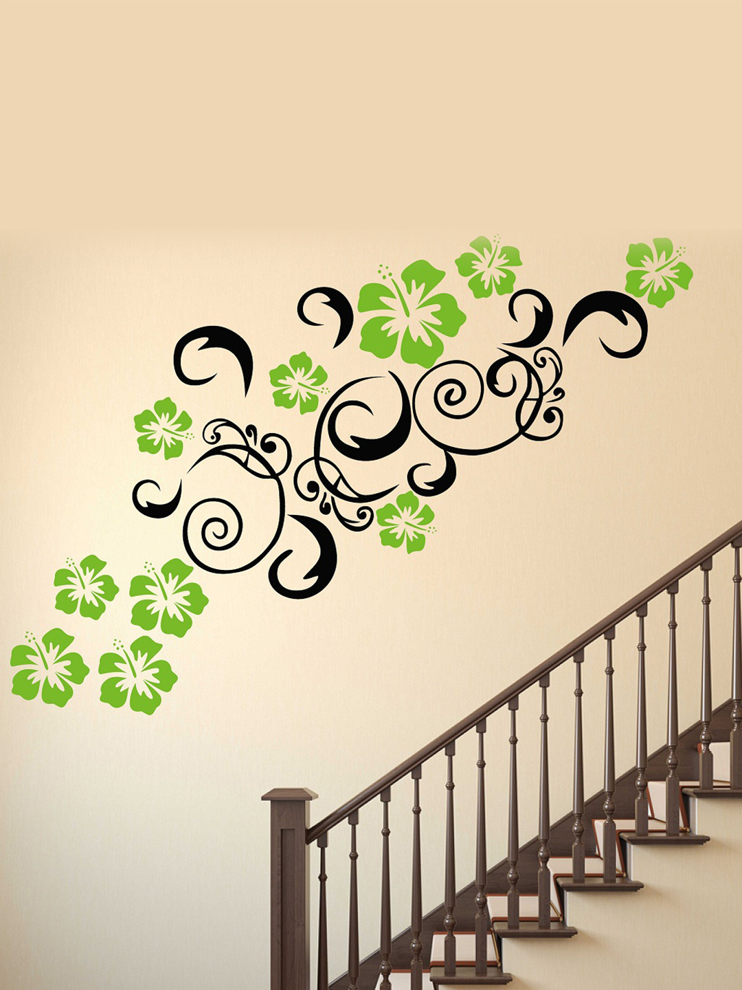 LANSTICK Green & Black Printed Flower Design Wall Sticker