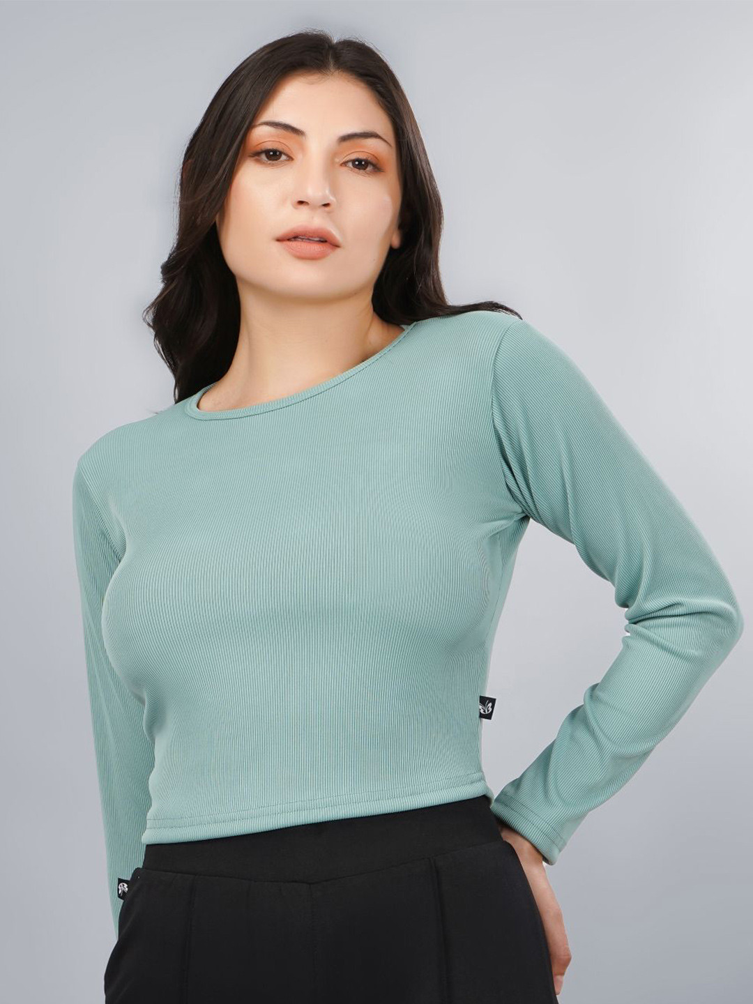 Plus Size Women Ribbed Long Sleeves Fitted Crop Top