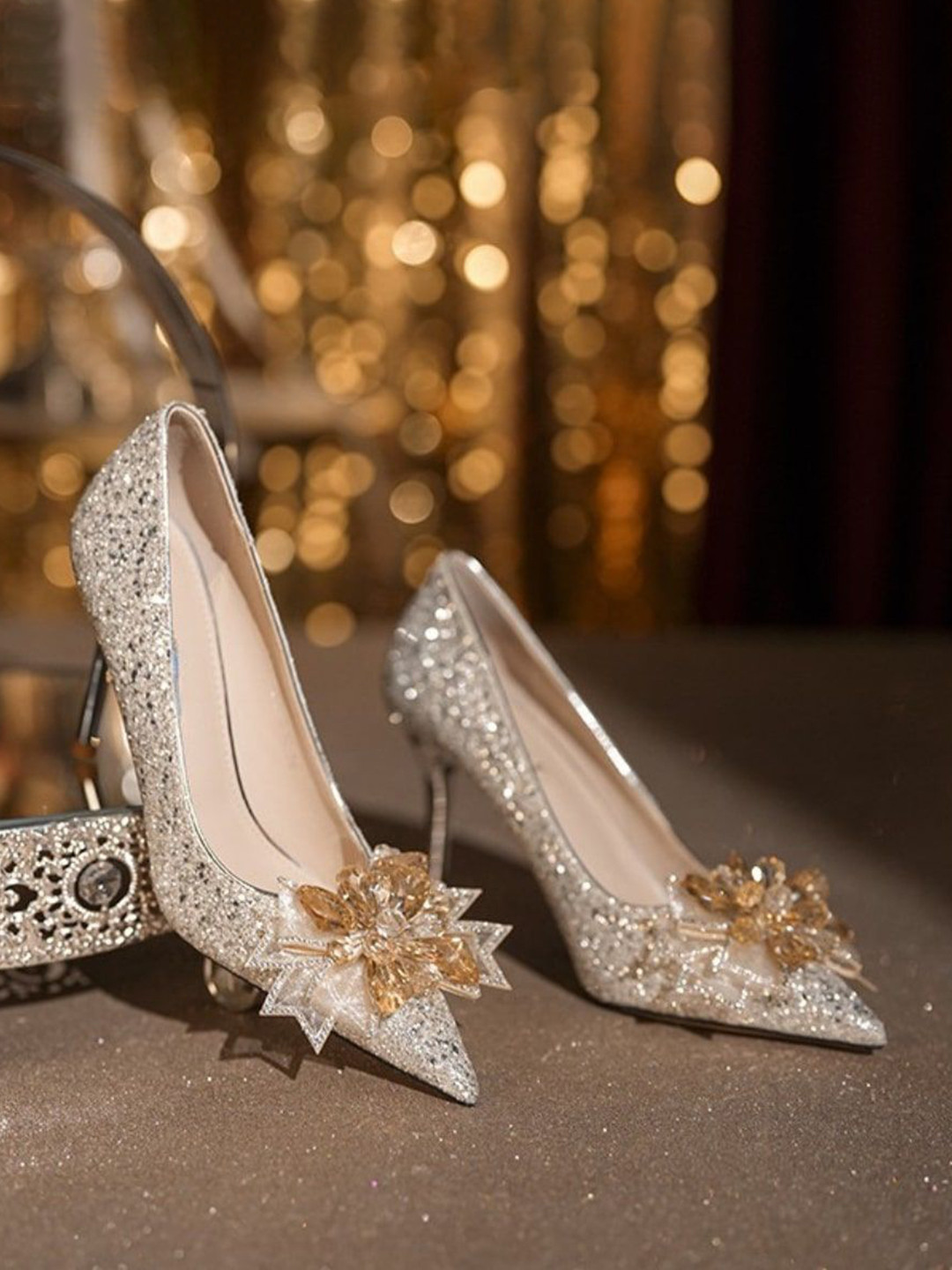 Ozzaro Silken Spark Embellished Kitten Heel Pointed Toe Pumps