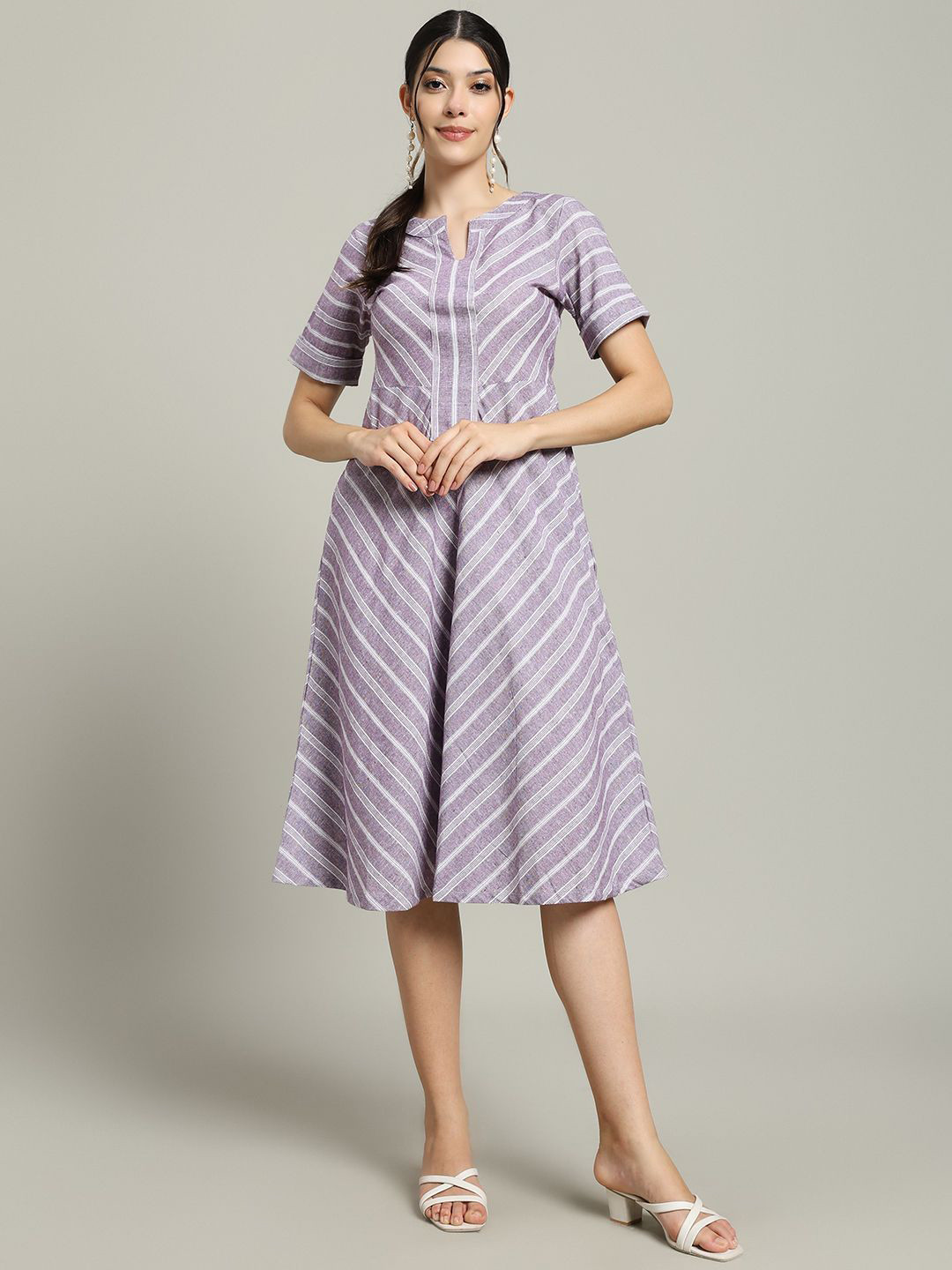 REBERRY Striped A-Line Cotton Midi Dress