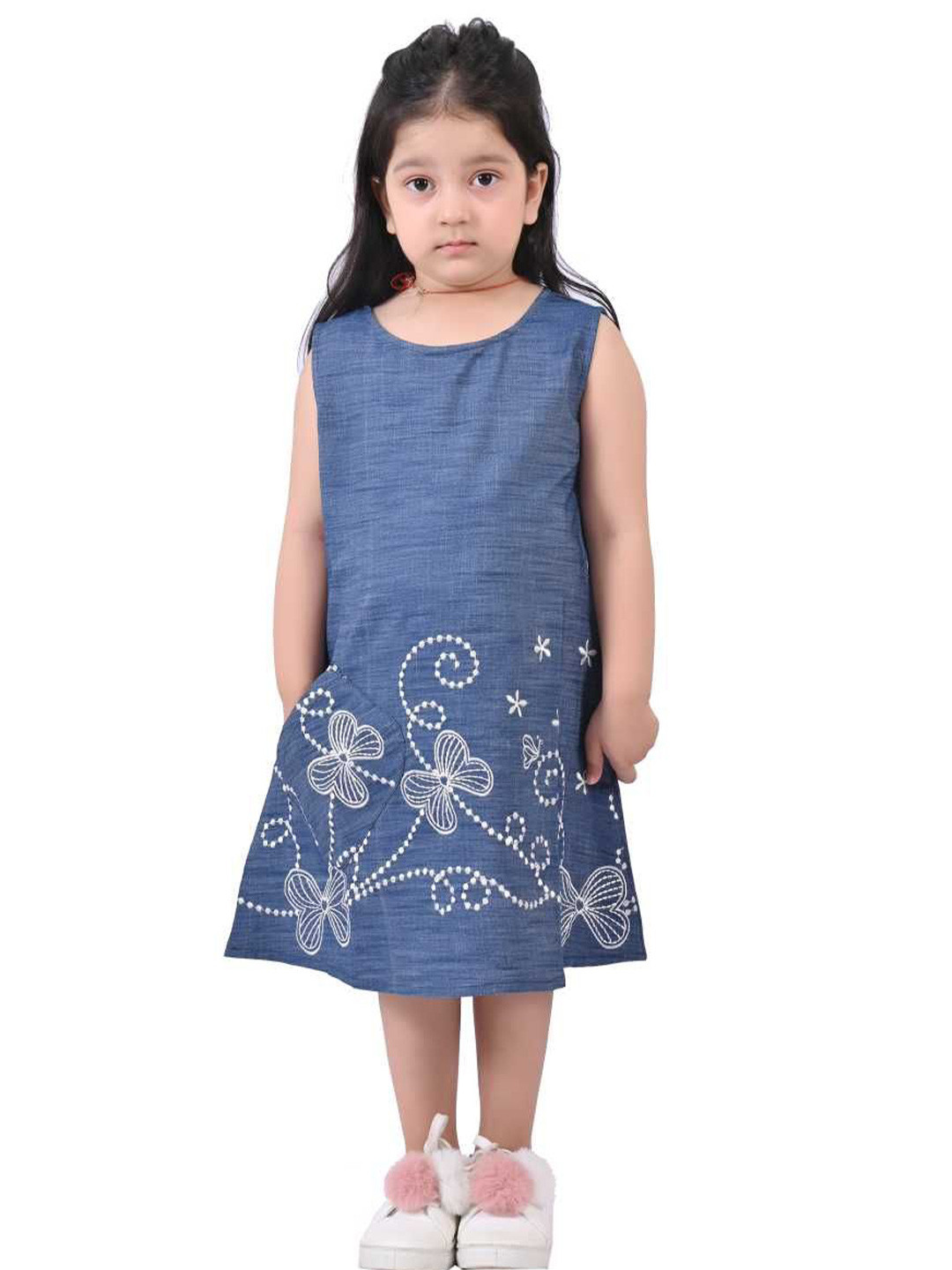 Cloth Bites Girls Embroidered Denim A-Line Dress