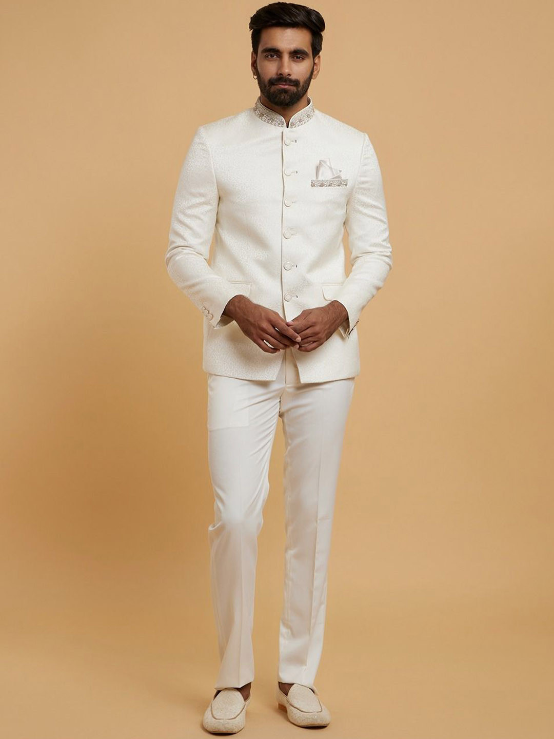 Twamev Mandarin Collar Single-Breasted Tailored Fit Two-Piece Blazer With Trousers