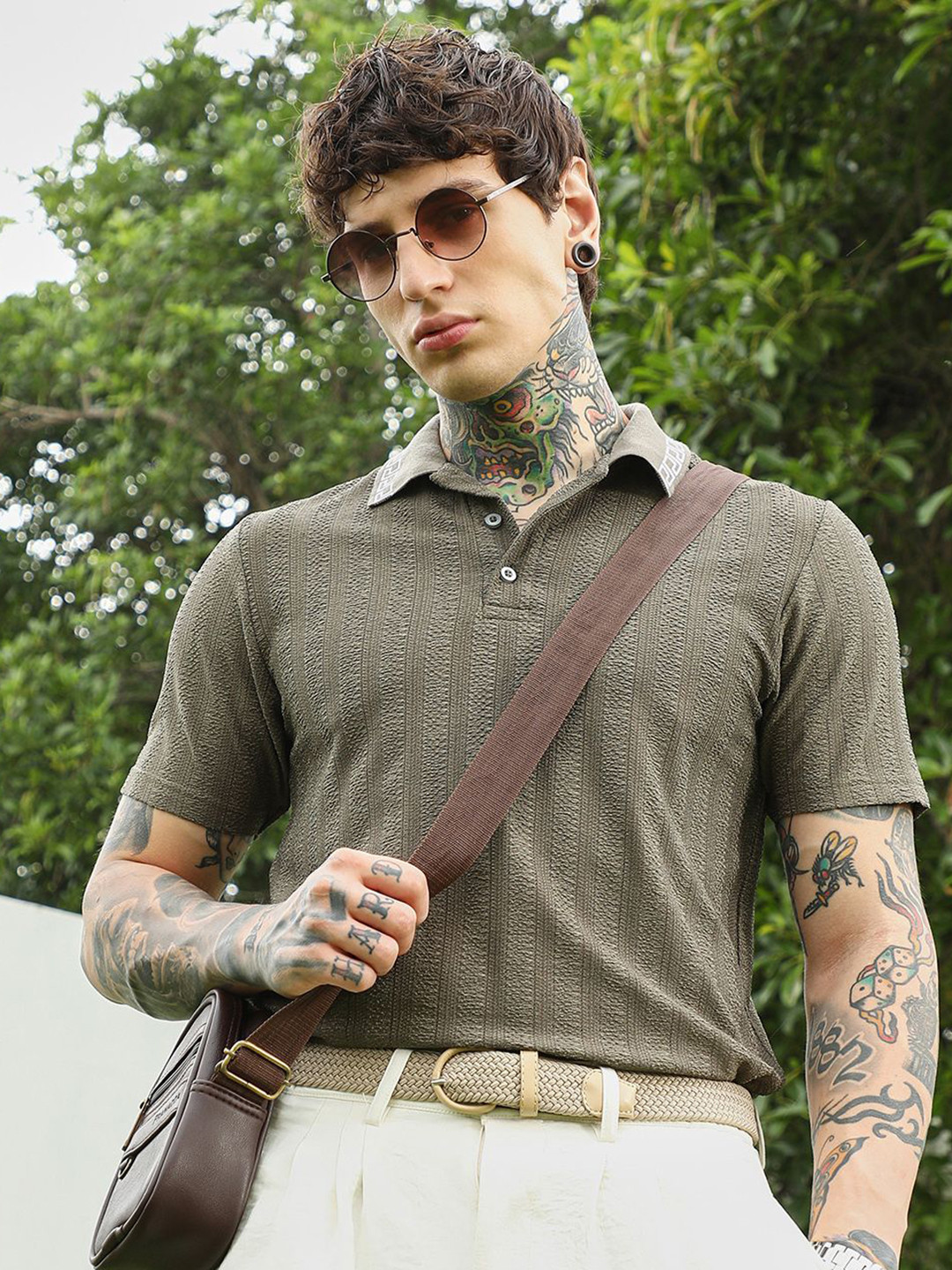 Campus Sutra Striped Self Design Polo Collar Regular Fit T-shirt